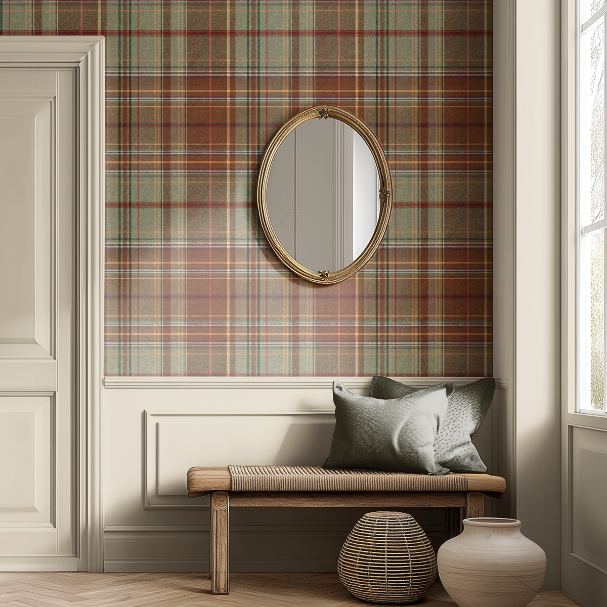 Highland Tartan plaid wallpaper in a cozy hallway with warm wood floors, neutral canopy and traditional country decor