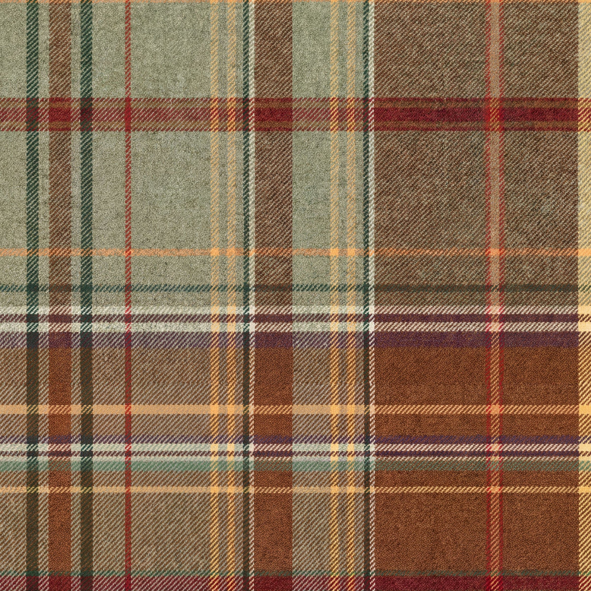 Highland Tartan Wallpaper sample with rust brown, sage green, deep red and golden plaid pattern with faux woven texture