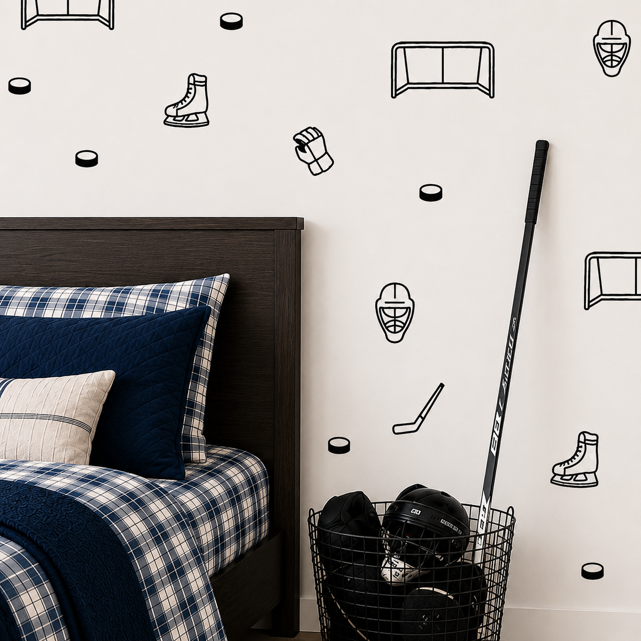 Simple hockey wall decals decorating a modern boys bedroom with hockey sticks, pucks, skates, goalie mask, gloves and net outline decals.