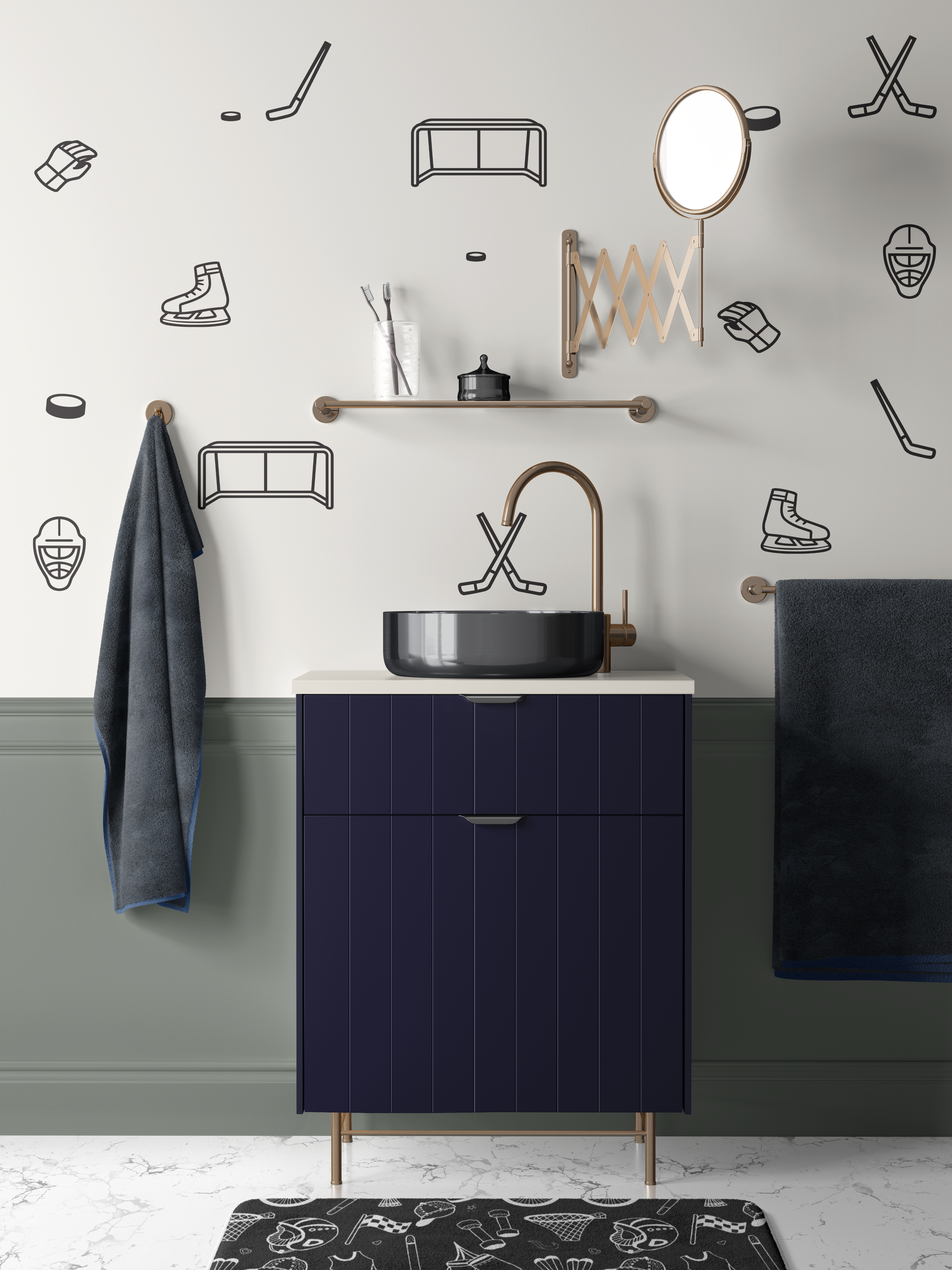 Simple hockey wall decals styled in a modern kids bathroom with hockey sticks, skates, pucks, gloves, goalie masks and hockey nets.