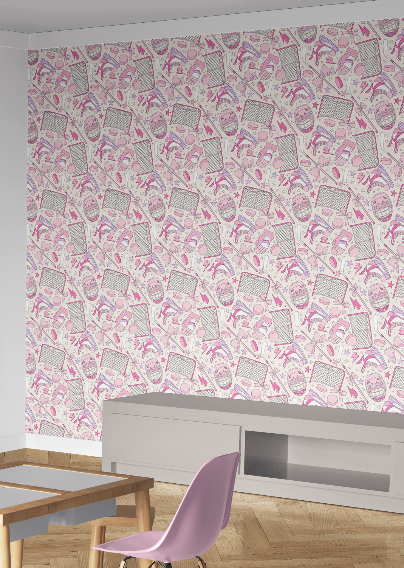 hockey wallpaper accent wall with pink hockey gear pattern including nets sticks pucks gloves and bows