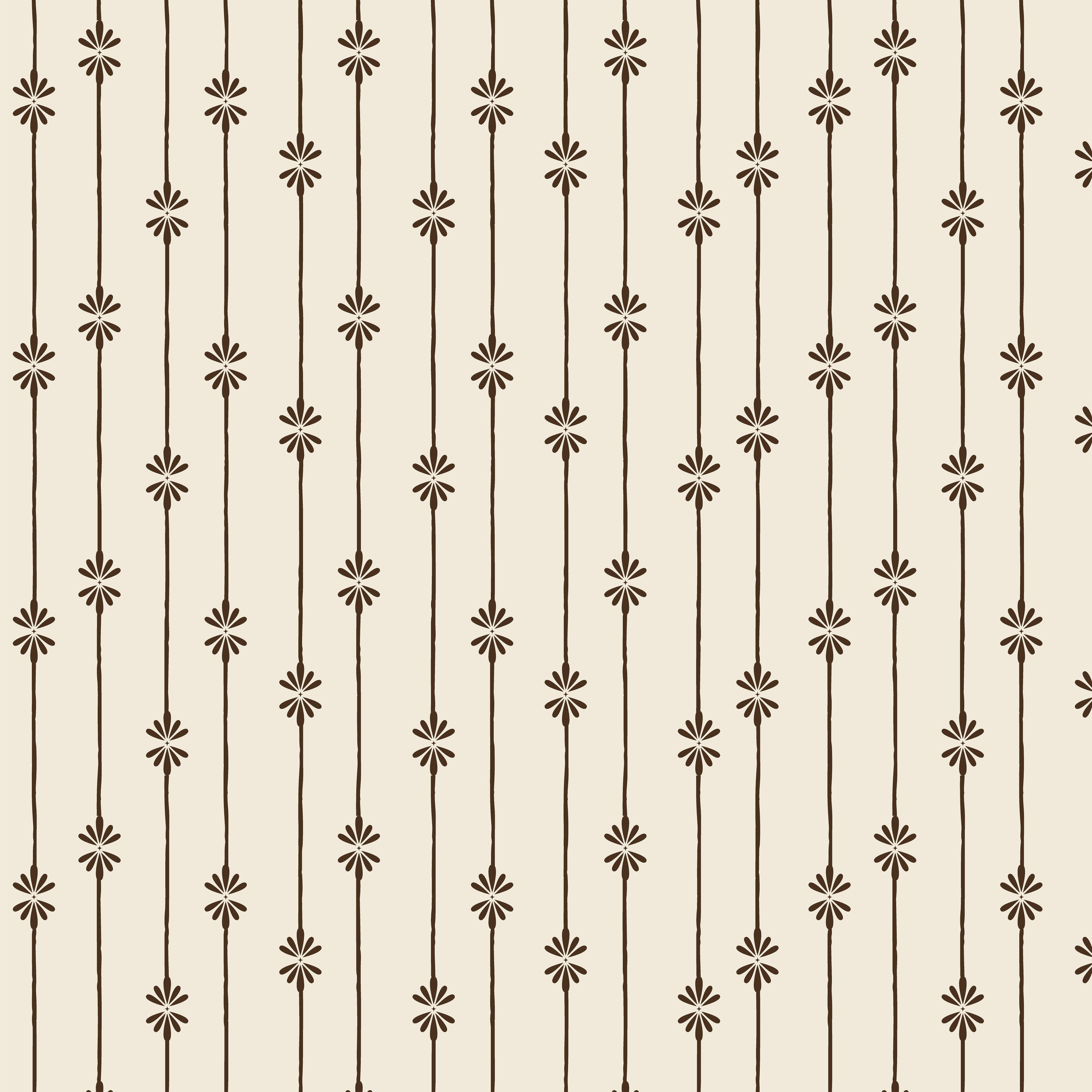 Close-up of Homestead Stripe wallpaper with hand-drawn brown stripes and floral star motifs