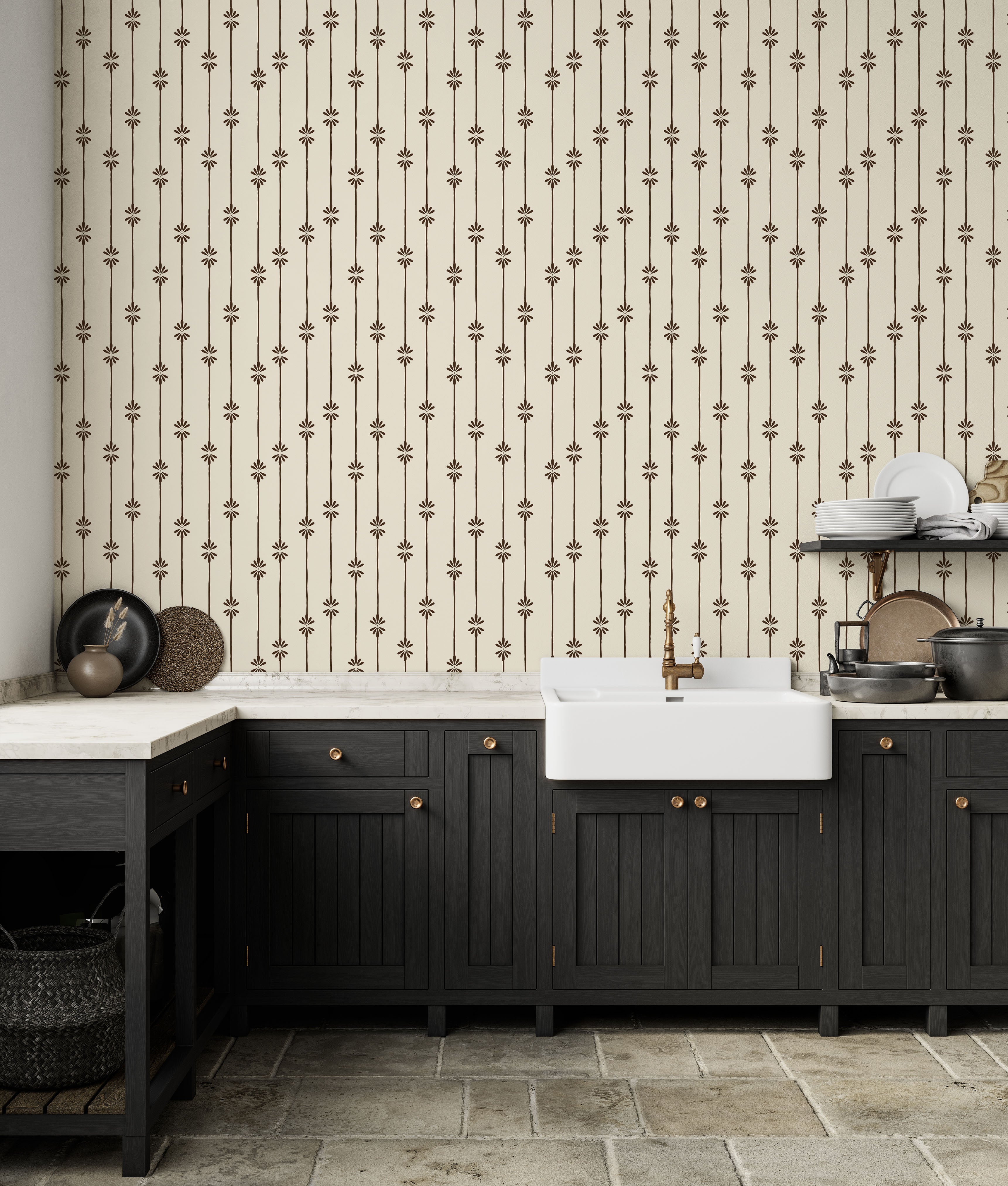 Kitchen with Homestead Stripe wallpaper behind black cabinetry and farmhouse sink