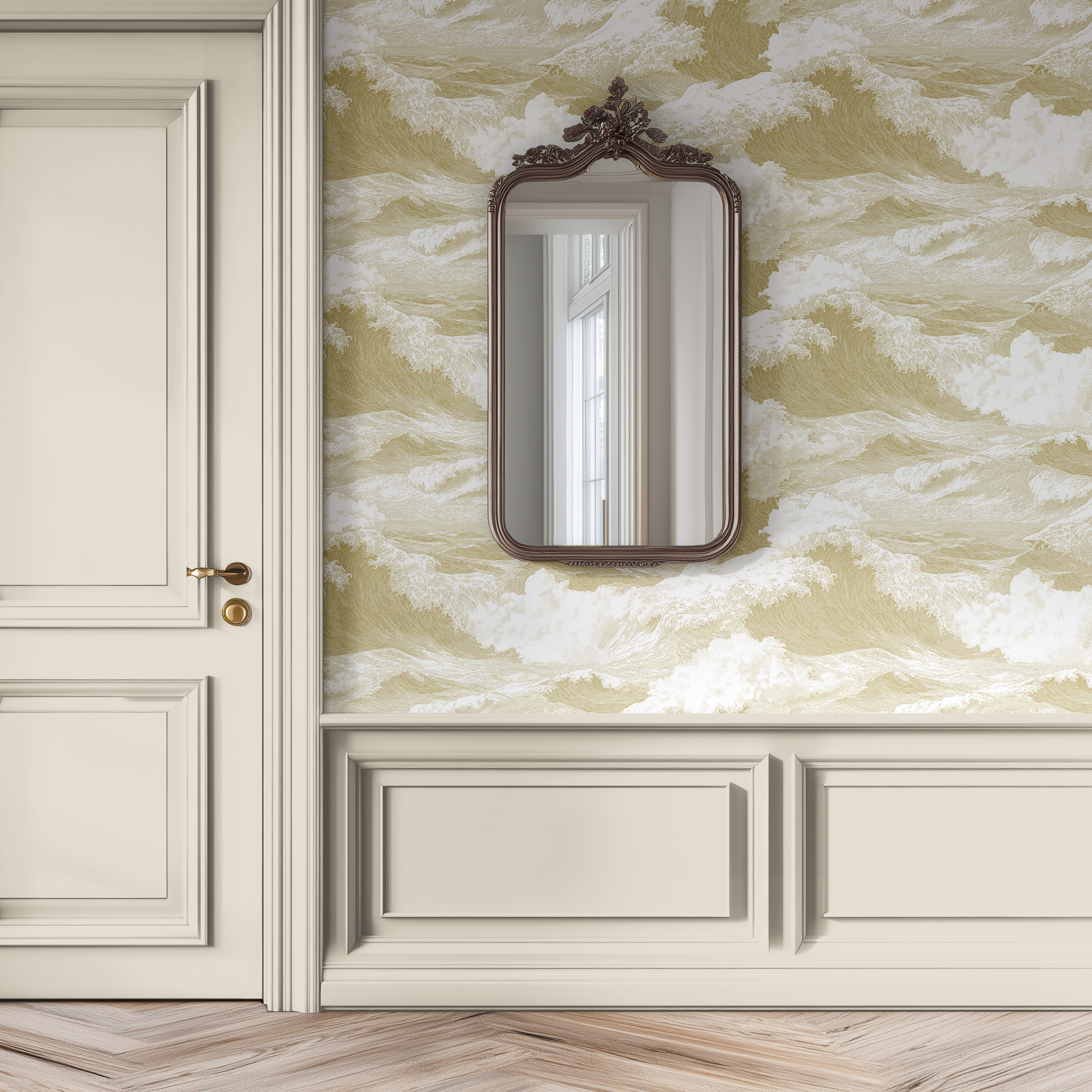 Honey Japandi Tide wallpaper with decorative molding, elegant coastal wallpaper in soft golden tones