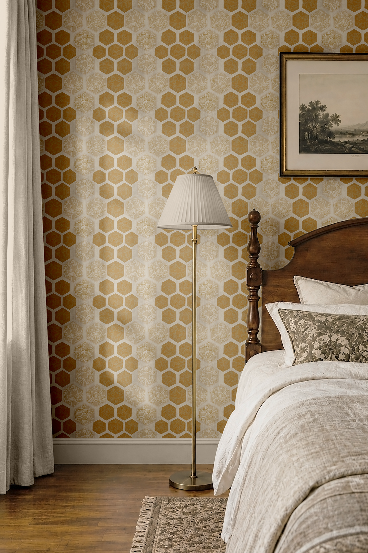 A styled bedroom corner featuring patterned wallpaper with a repeating gold and beige hexagon motif, a wooden bed with neutral bedding, a floor lamp, and a curtain.