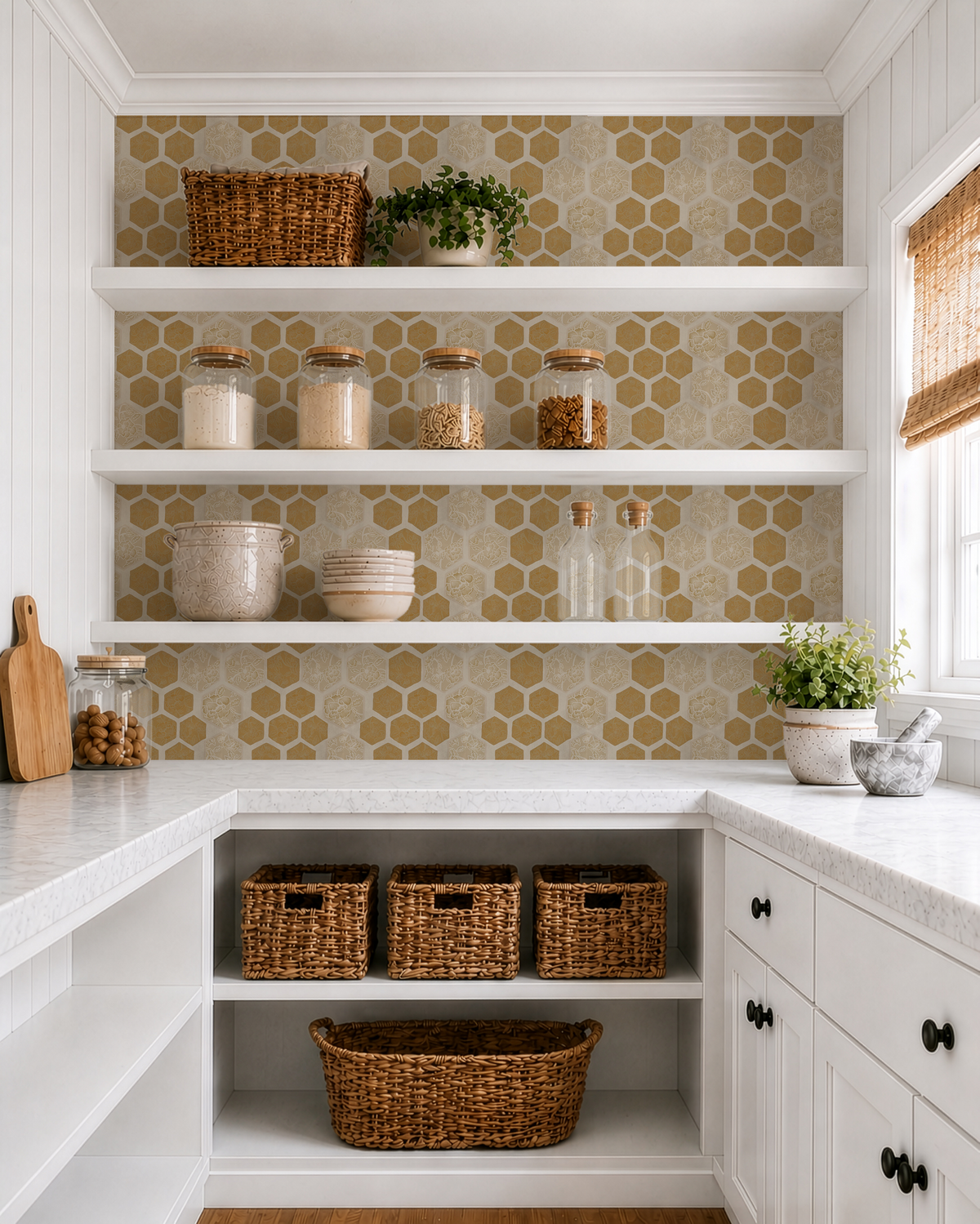 A bright, modern kitchen corner with white floating shelves, a patterned honeycomb wallpaper backsplash, white cabinets, and woven wicker baskets styled with glass jars and potted plants.