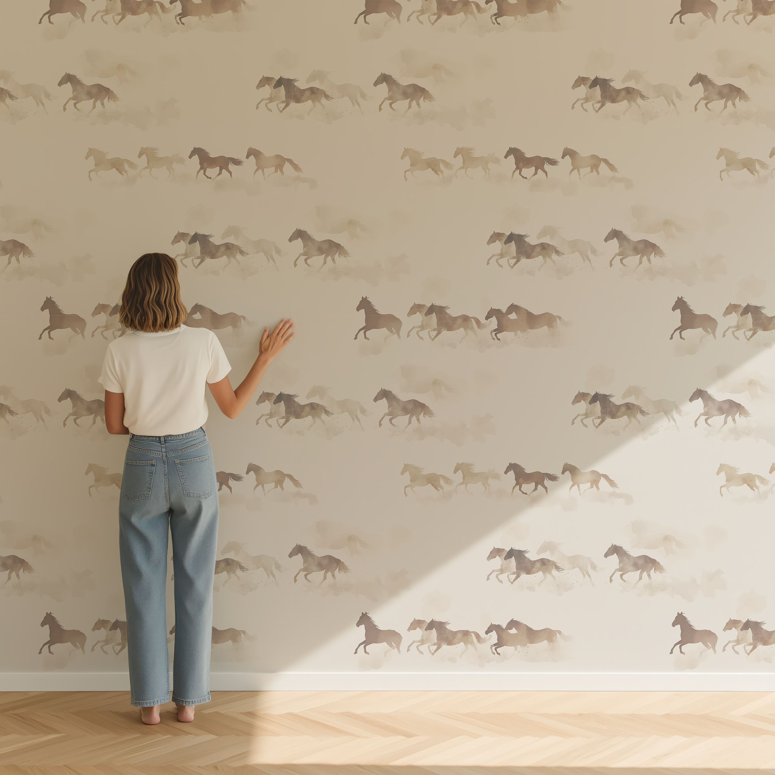 Woman standing in front of a wall with horse patterned wallpaper