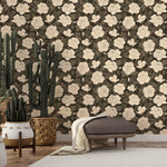 Ink Rose floral wallpaper creating a bold accent wall with classic botanical styling