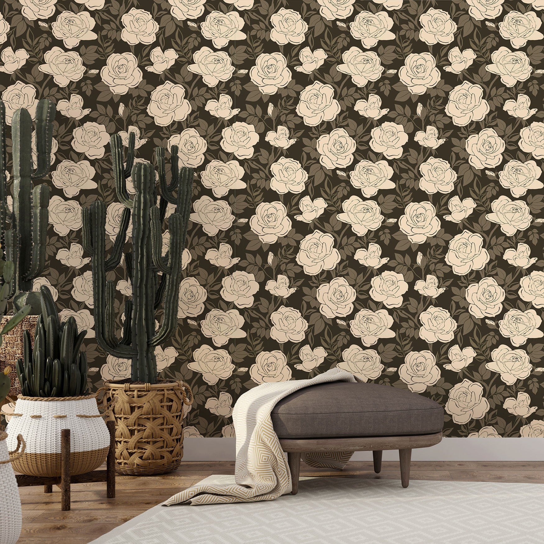 Ink Rose floral wallpaper creating a bold accent wall with classic botanical styling