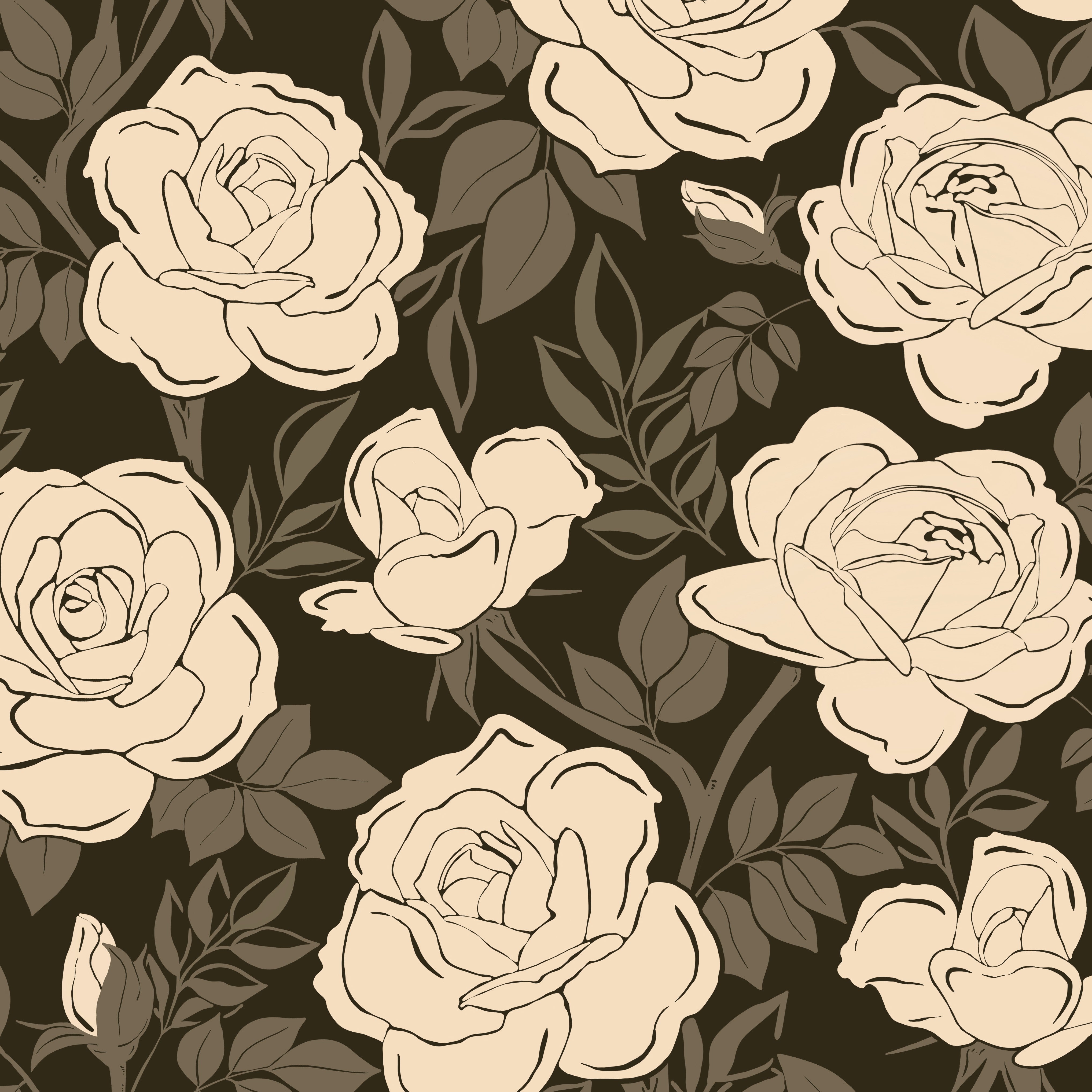 Pattern of beige roses on a black background