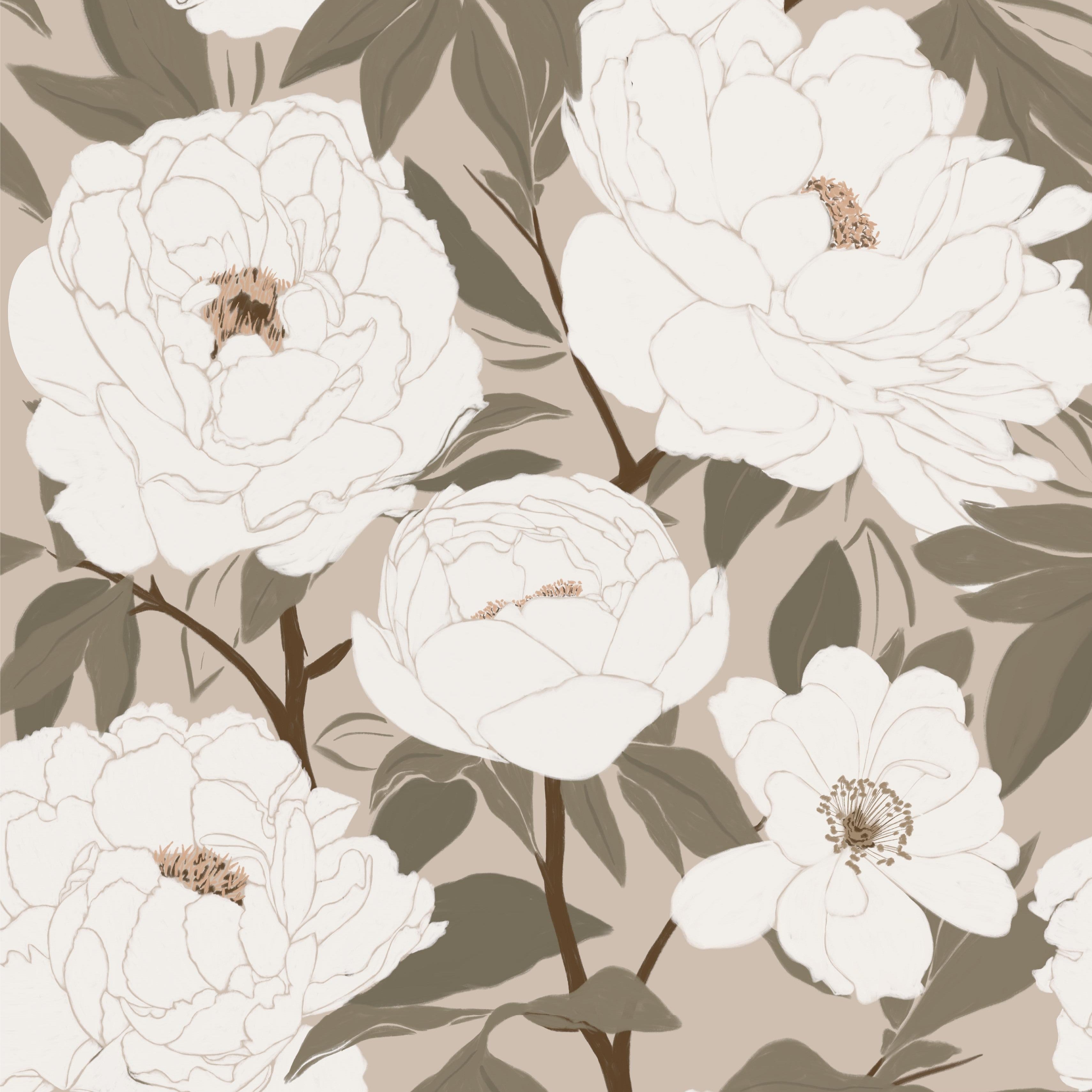 Ivory peony wallpaper pattern close up with cream flowers, warm beige background and muted green leaves