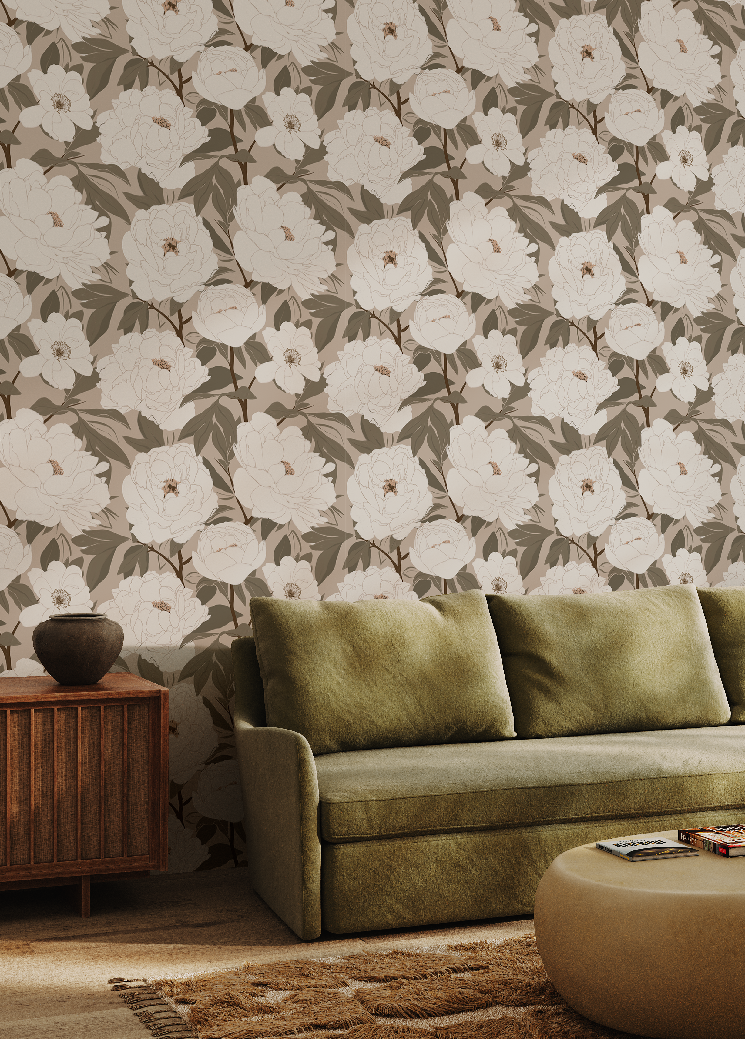 Neutral floral wallpaper with ivory peonies and sage green leaves behind olive green sofa in modern vintage living room