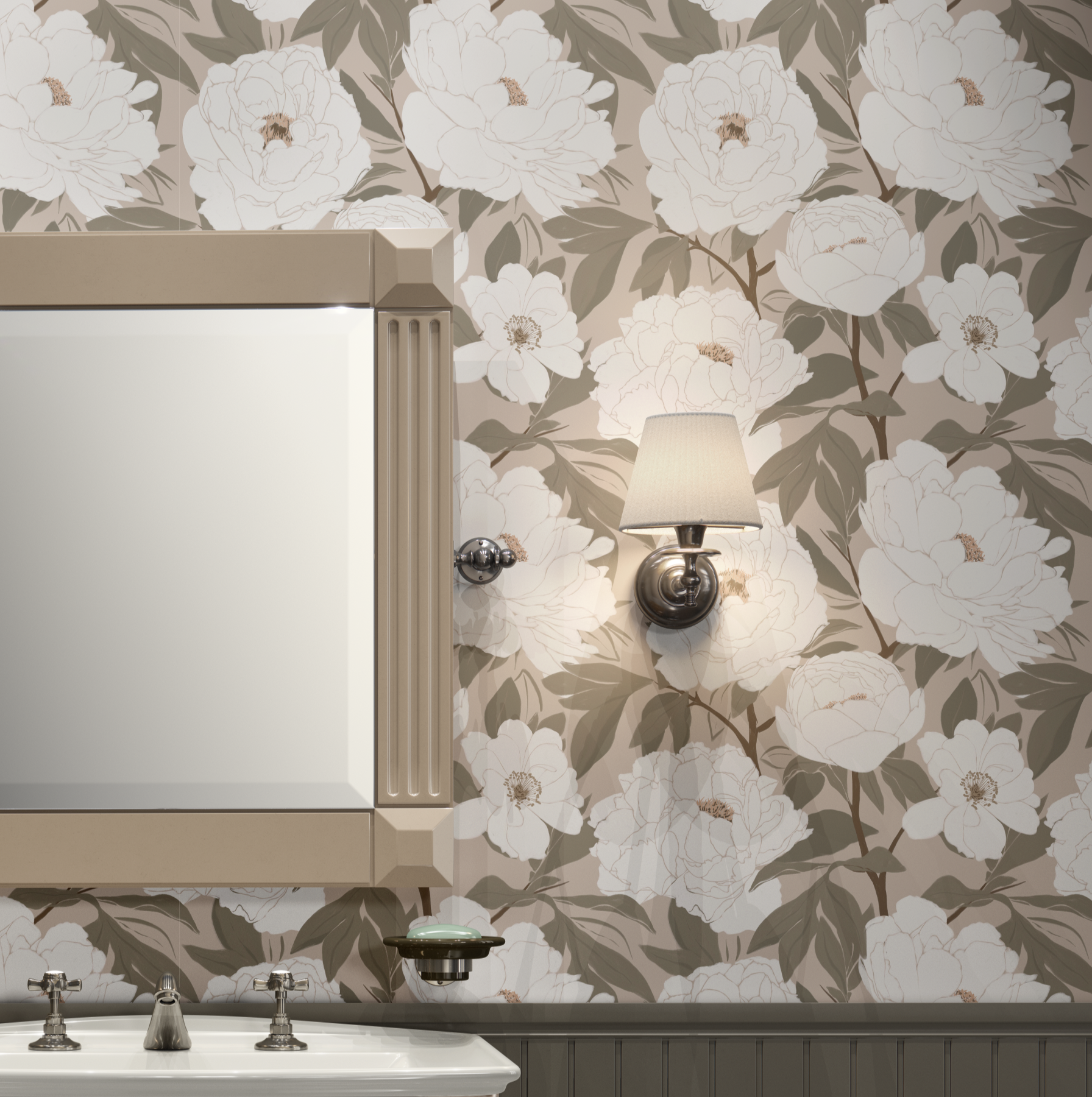 Bathroom with floral wallpaper, mirror, and wall light fixture.