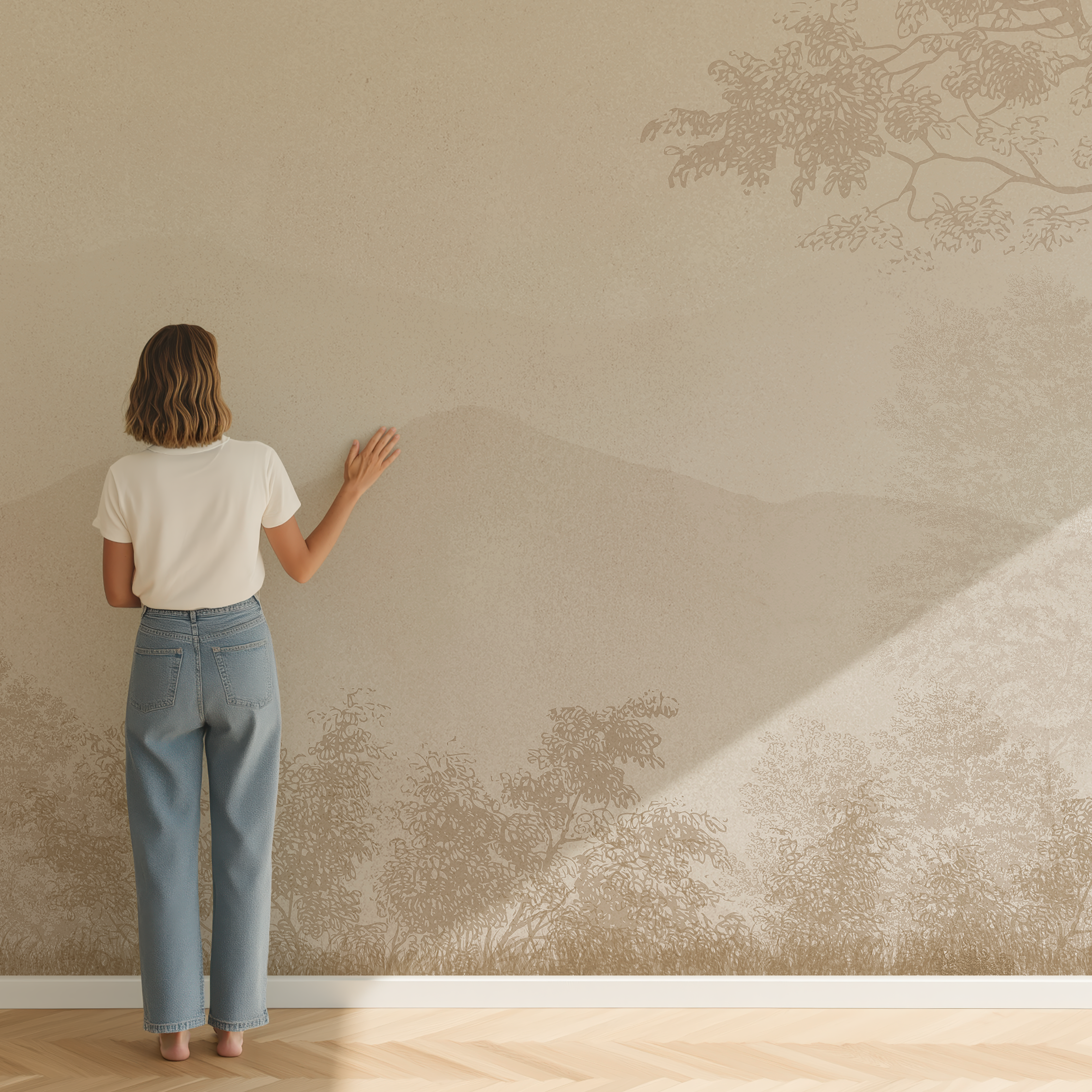 Woman standing beside Japandi landscape wall mural to demonstrate the large scale of the mountain wallpaper mural