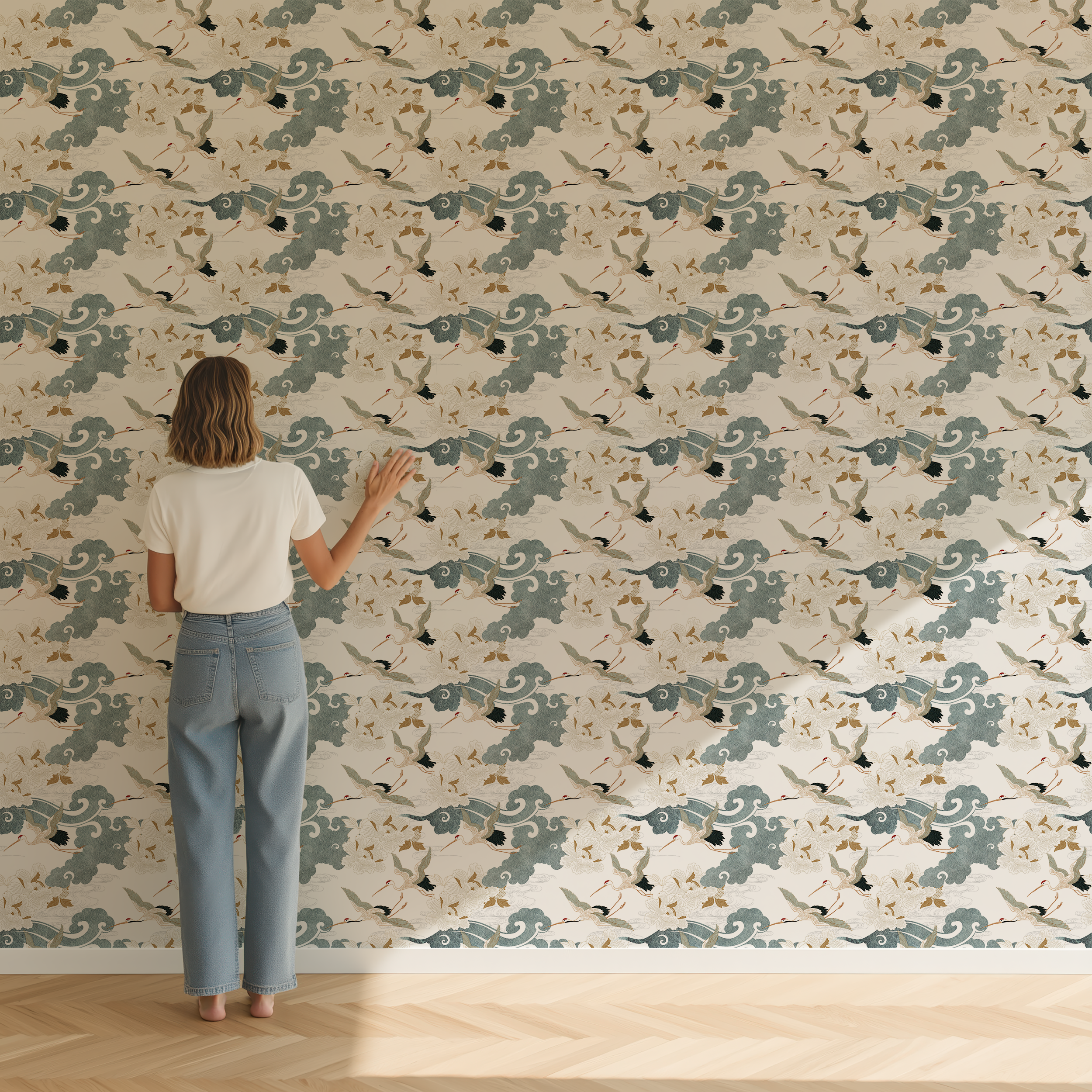 Japanese crane wallpaper scale reference with blue clouds, white peonies, and graceful flying crane pattern