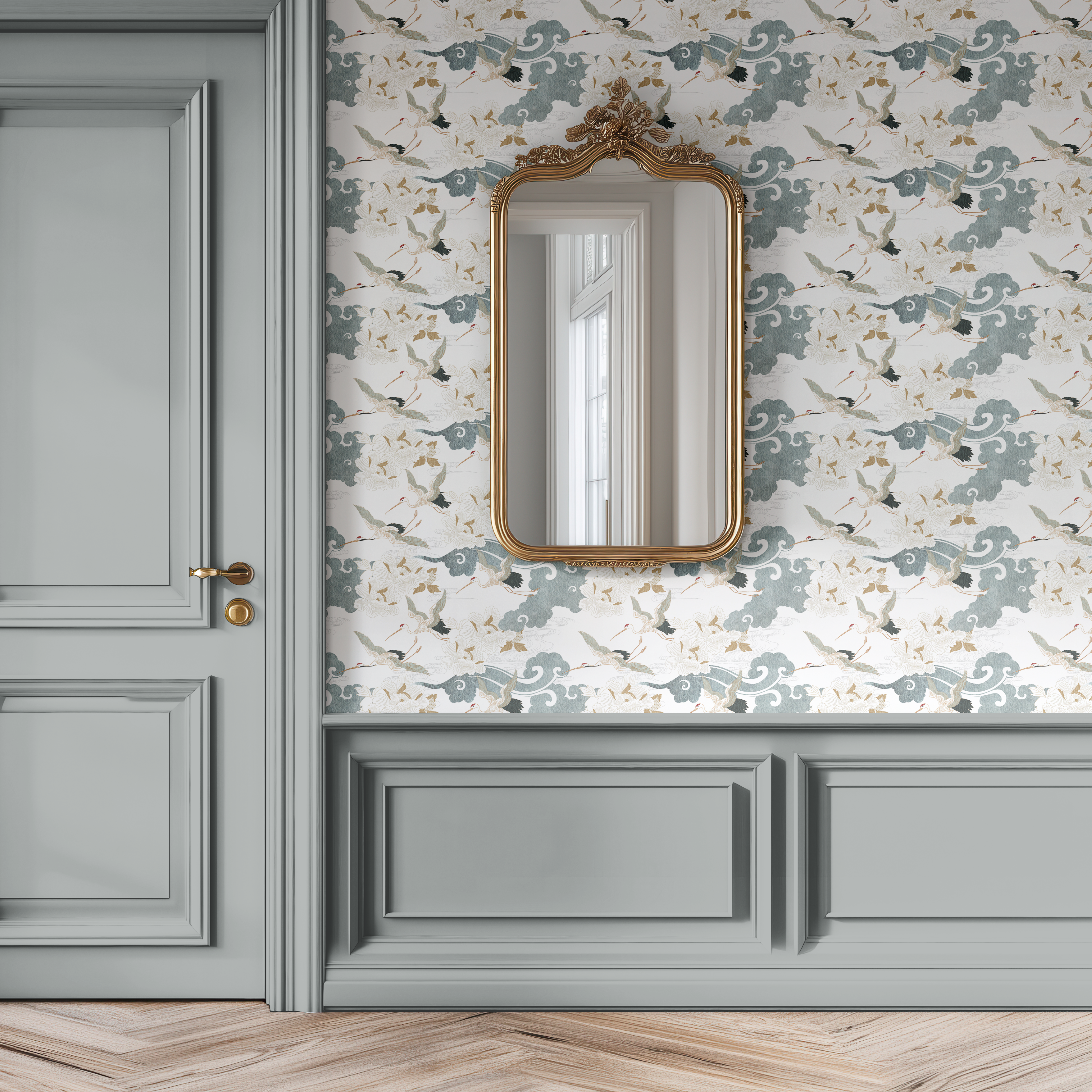 Japanese Crane Wallpaper with chinoiserie-inspired cranes, soft blue clouds, and floral details in hallway