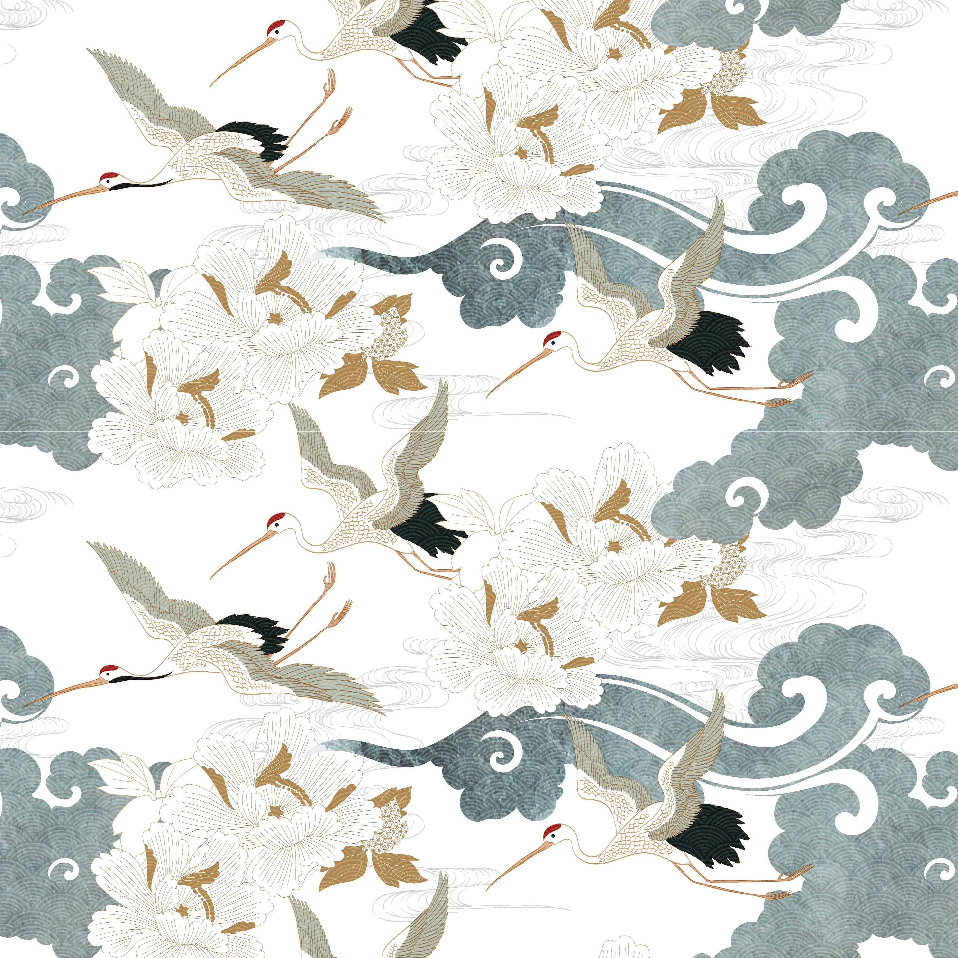 Japanese Crane Wallpaper sample showing flying cranes, peonies, stylized waves, and traditional Japanese motifs
