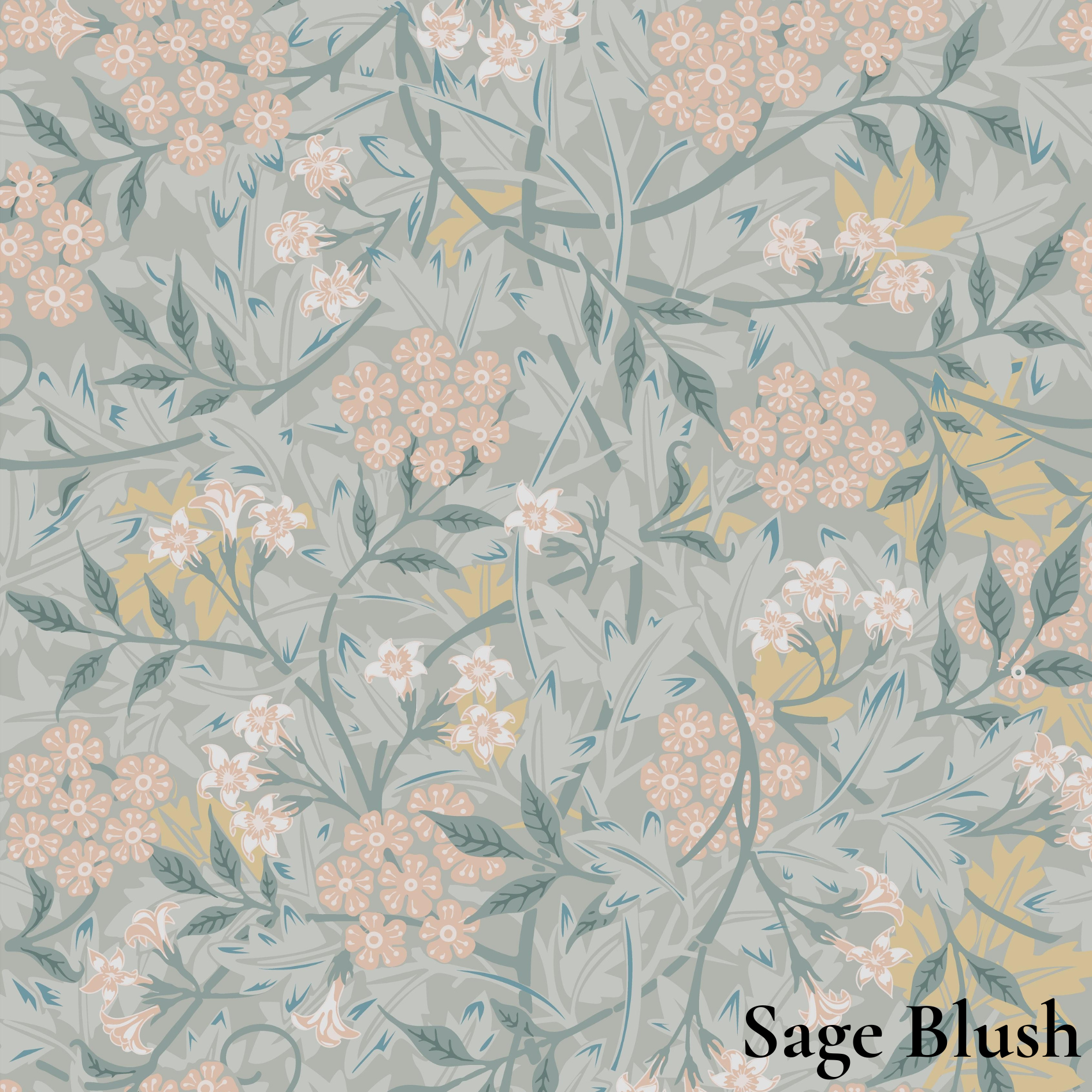 A repeating floral pattern in muted sage green, blush pink, white, and soft yellow on a pale gray-green background, with the text 'Sage Blush' in the lower right corner.
