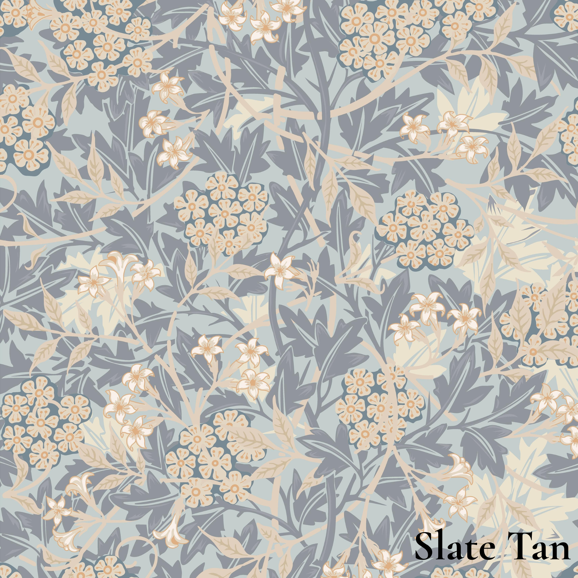 A repeating floral pattern in slate blue-gray, beige, and cream, with the text 'Slate Tan' in the lower right corner.