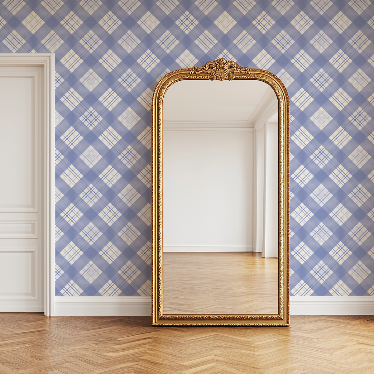 Jaylin Blue Plaid Wallpaper with classic blue and white checkered pattern displayed behind a vintage ornate gold floor mirror.