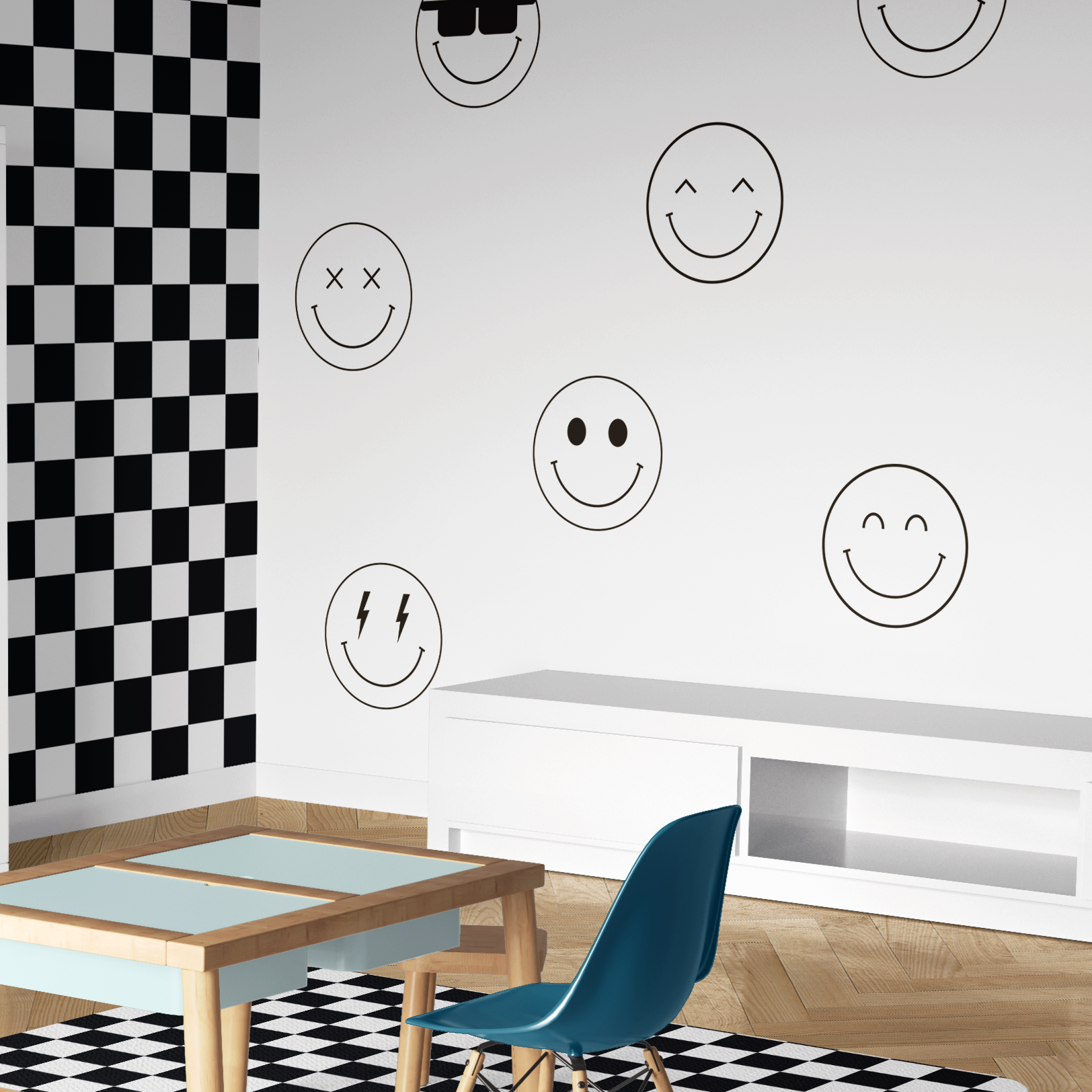 Black and white checkered kids room with large smiley face wall decals on white wall and wooden furniture