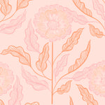Close-up of hand-drawn flower pattern in pink and orange on blush background