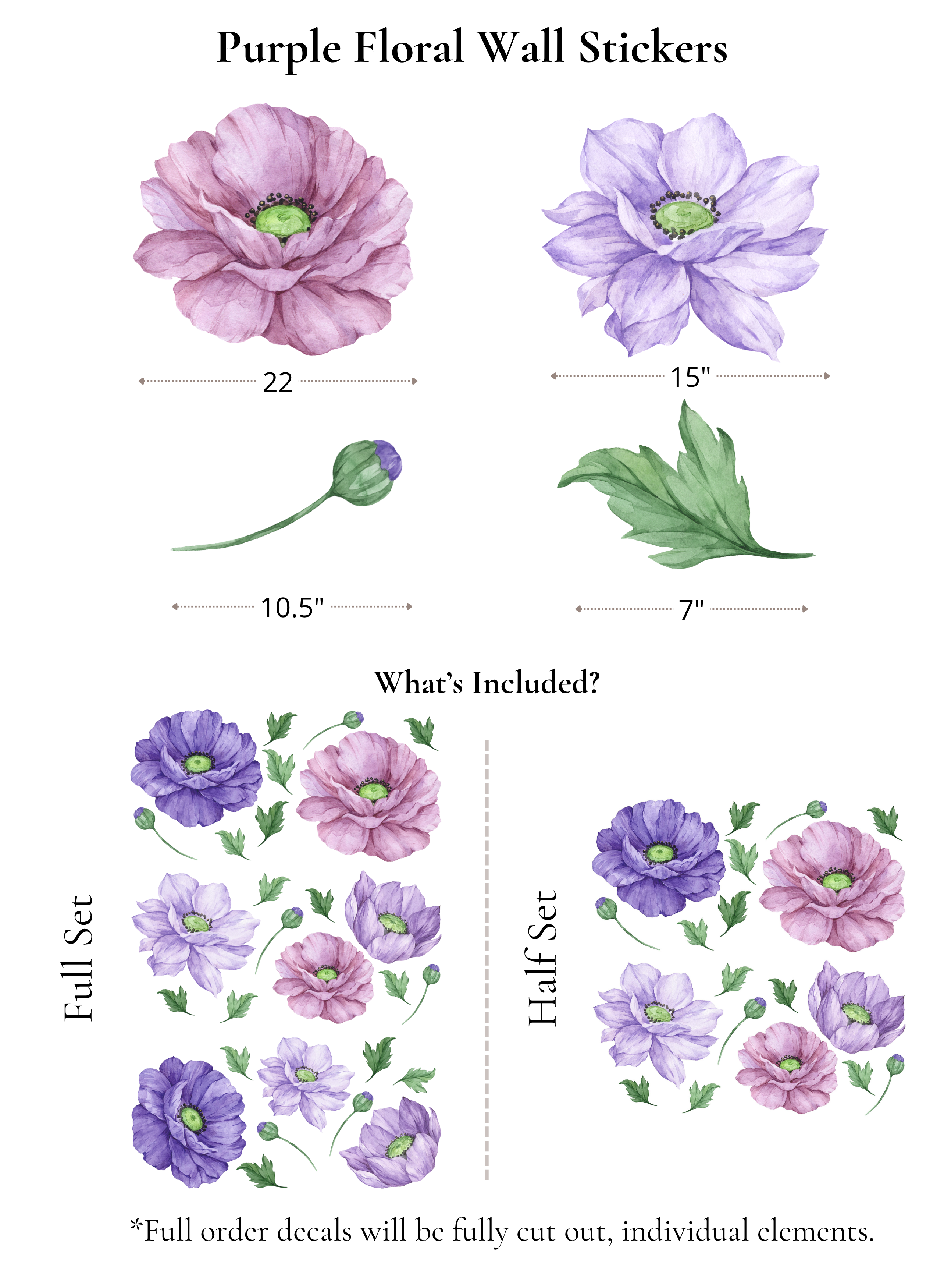 Purple Bloom floral decal size chart with flower, bud, and leaf dimensions
