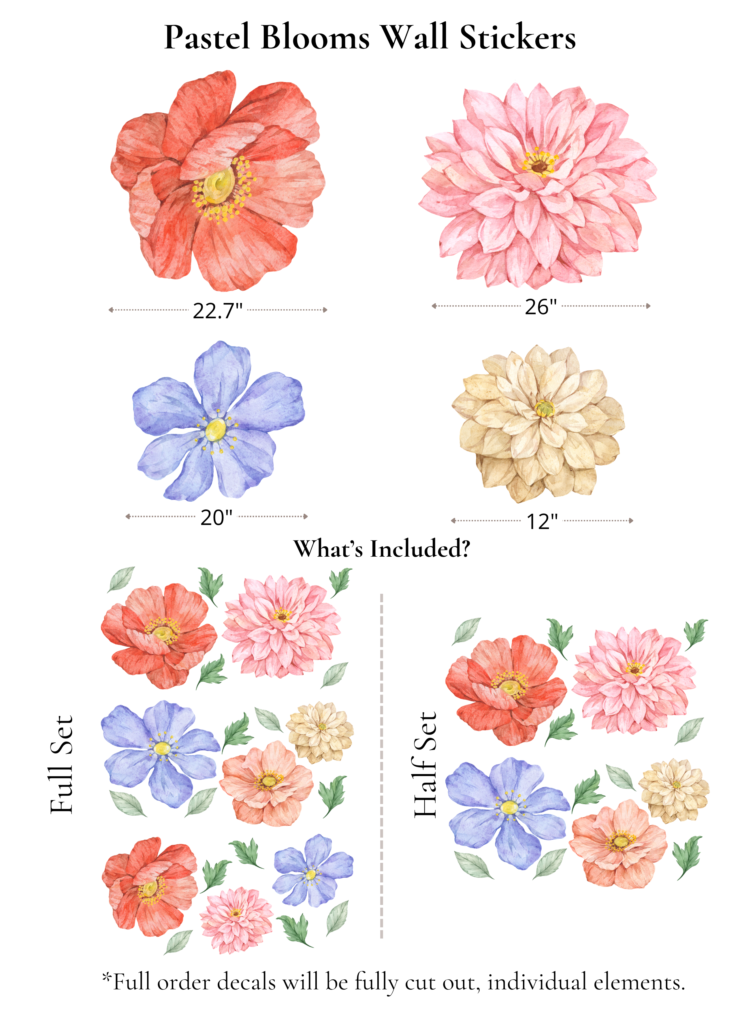Floral wall decal size chart showing large watercolor flower stickers for nursery and bedroom wall decor