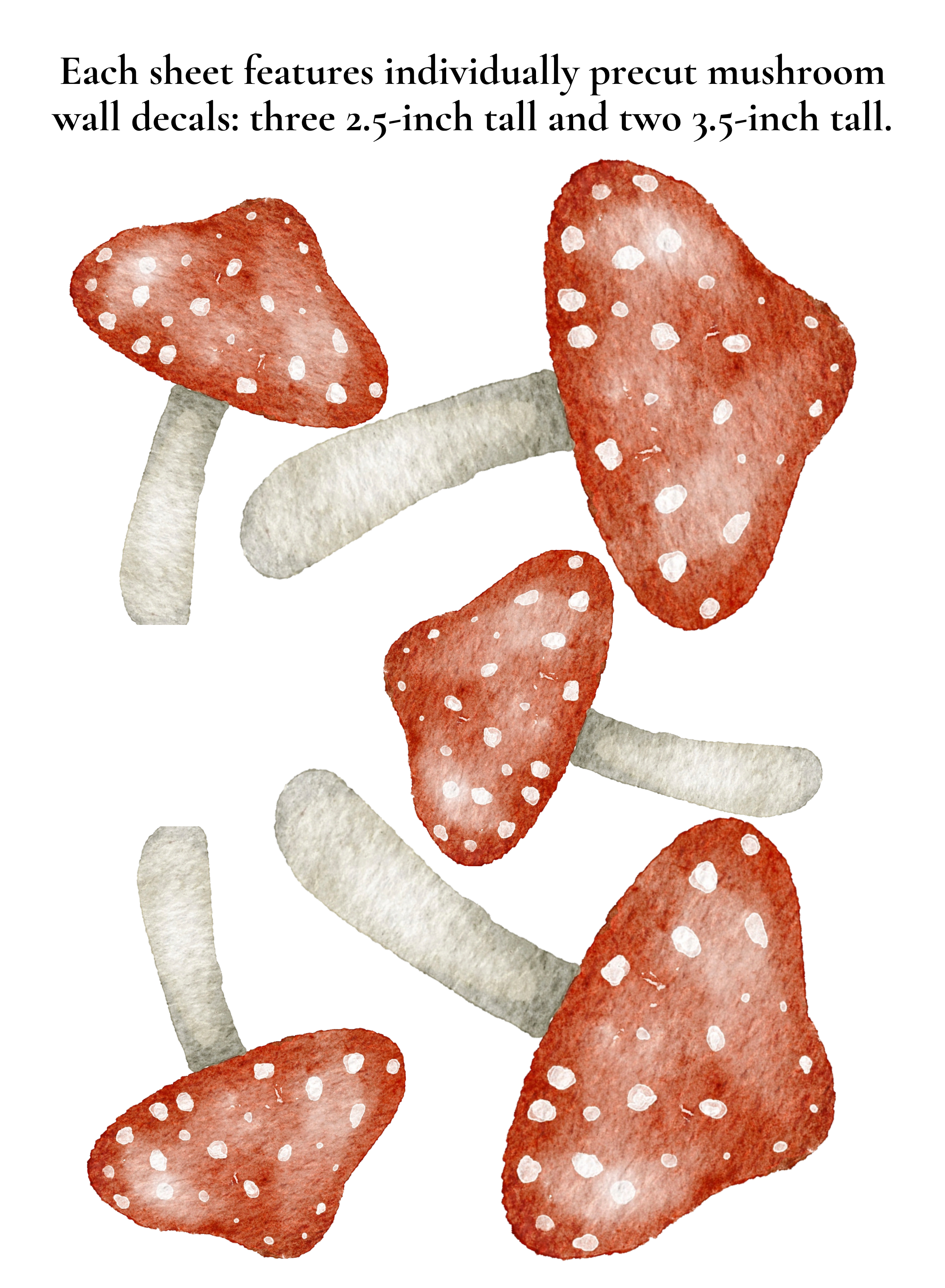 Set of five red watercolor mushroom wall decals showing three 2.5 inch and two 3.5 inch toadstool stickers