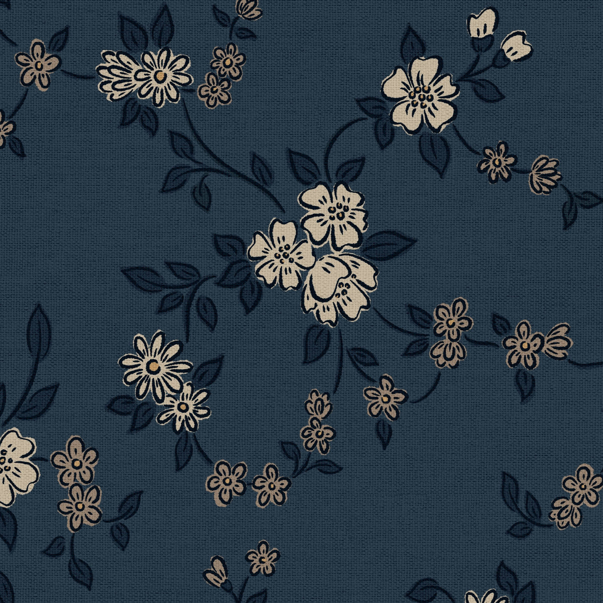 Lauren Florals wallpaper sample featuring cream and tan wildflowers with dark navy leaves on a textured blue background