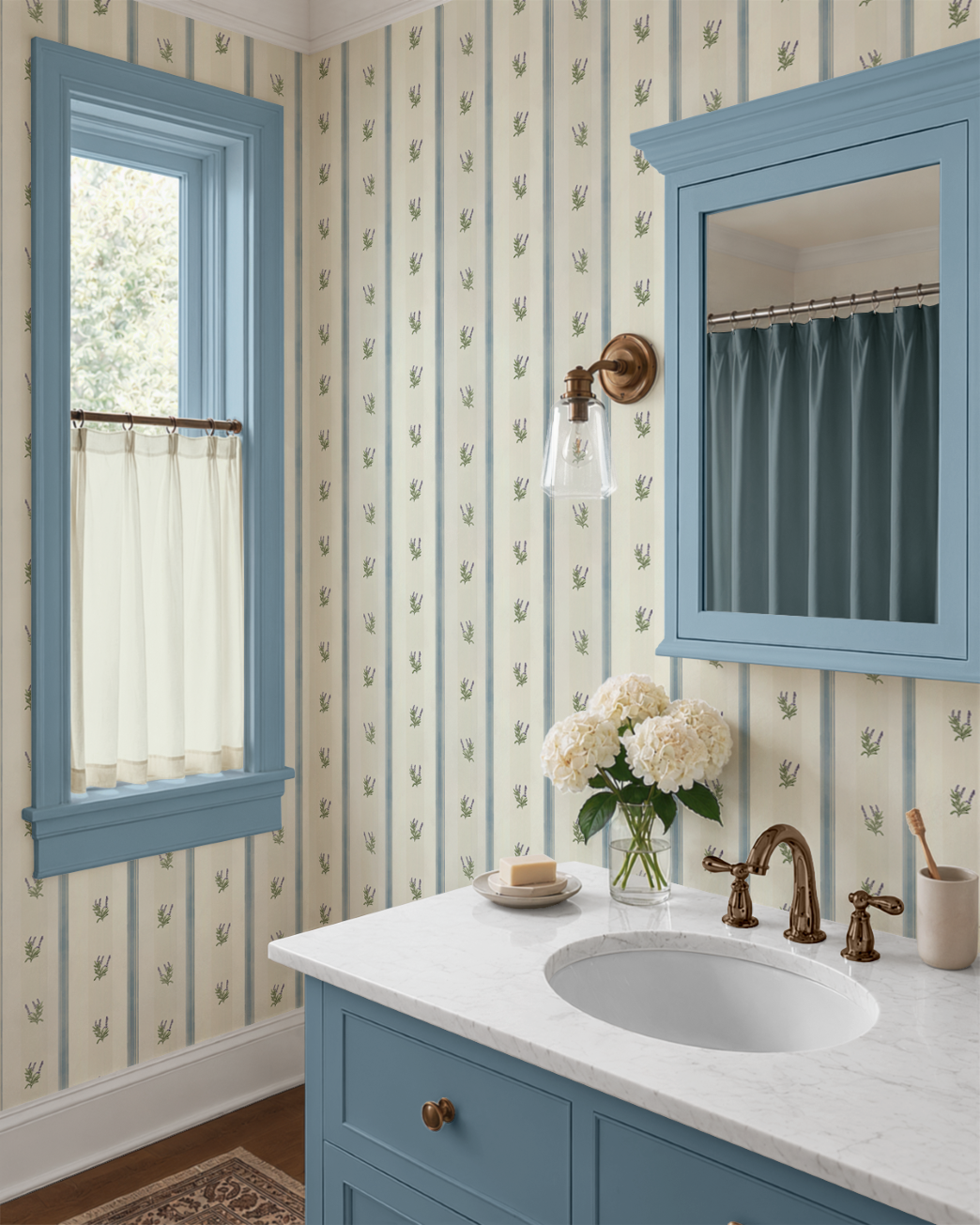 Blue stripe and lavender wallpaper in a vintage inspired bathroom with blue vanity