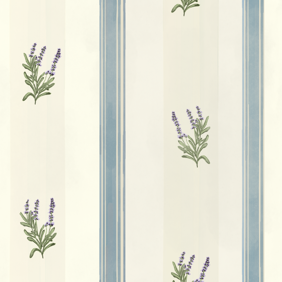 Close up of lavender wallpaper pattern with blue vertical stripes, purple flowers and green leaves