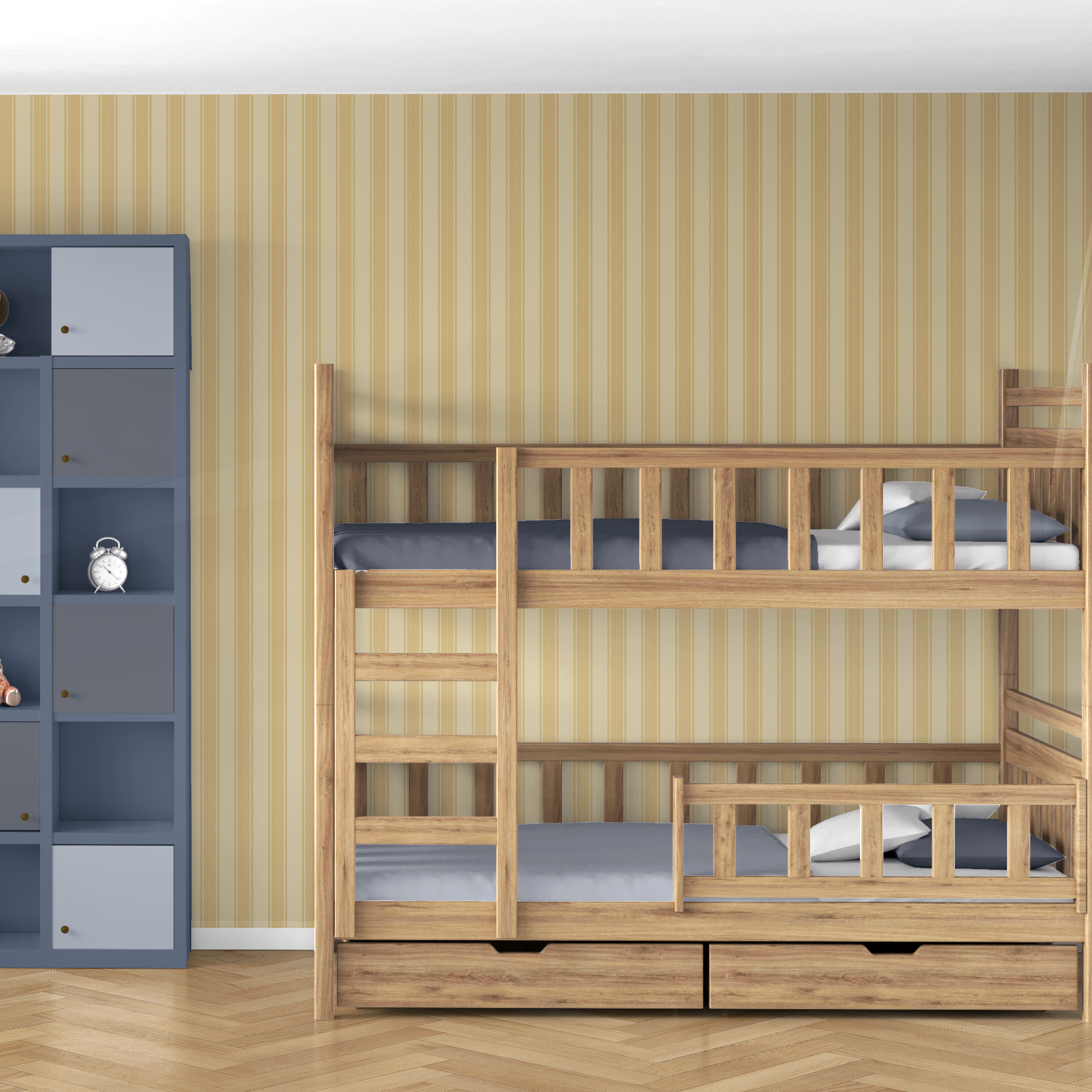 Yellow striped wallpaper in kids’ room with wooden bunk bed