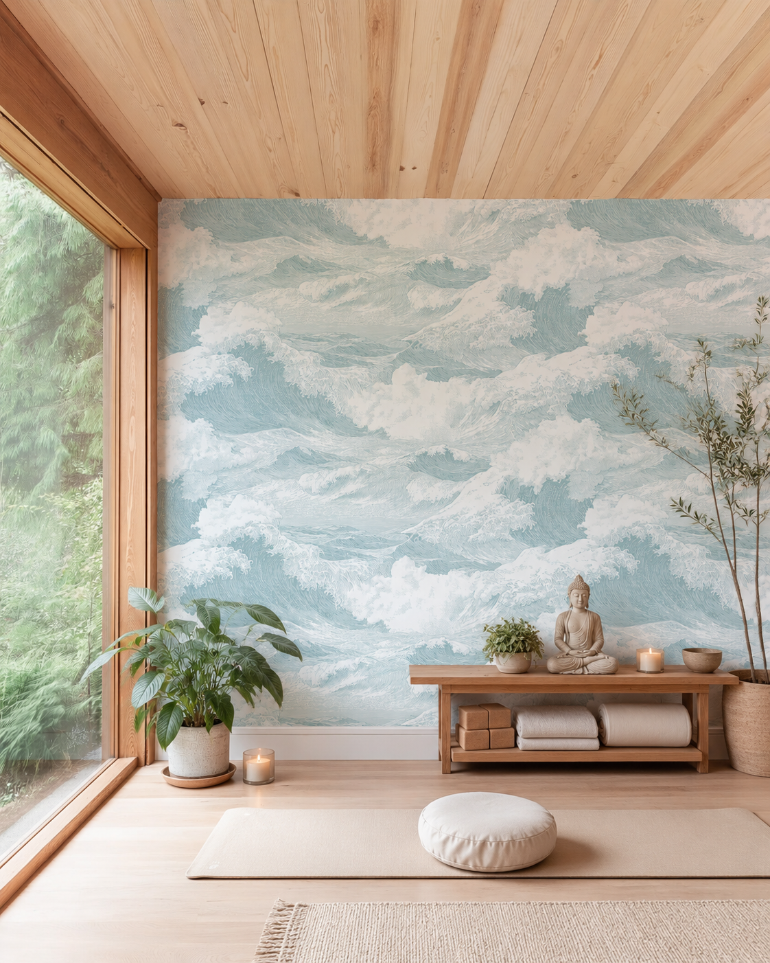 Light blue Japandi Tide wallpaper in serene meditation room, calming coastal wallpaper with Japandi style design