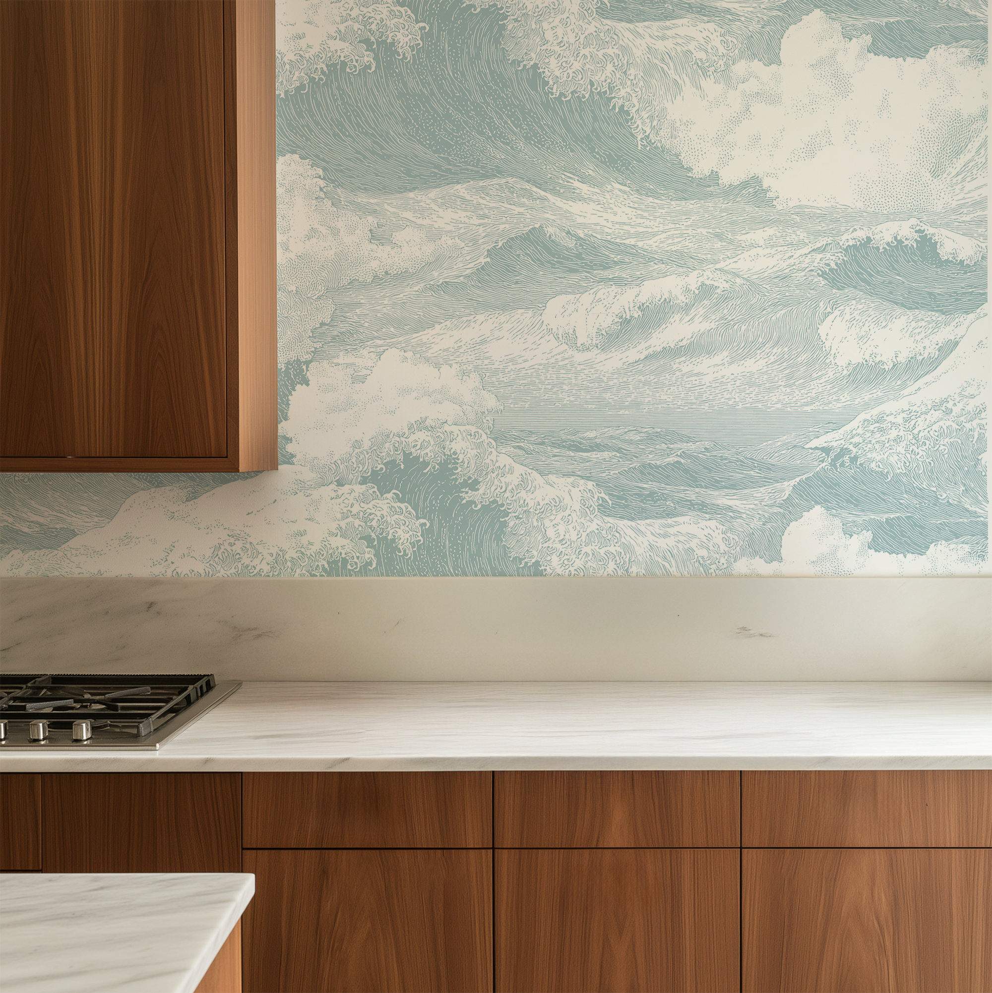 Light blue Japandi Tide wallpaper kitchen accent wall, soft coastal wallpaper for modern Japandi interiors