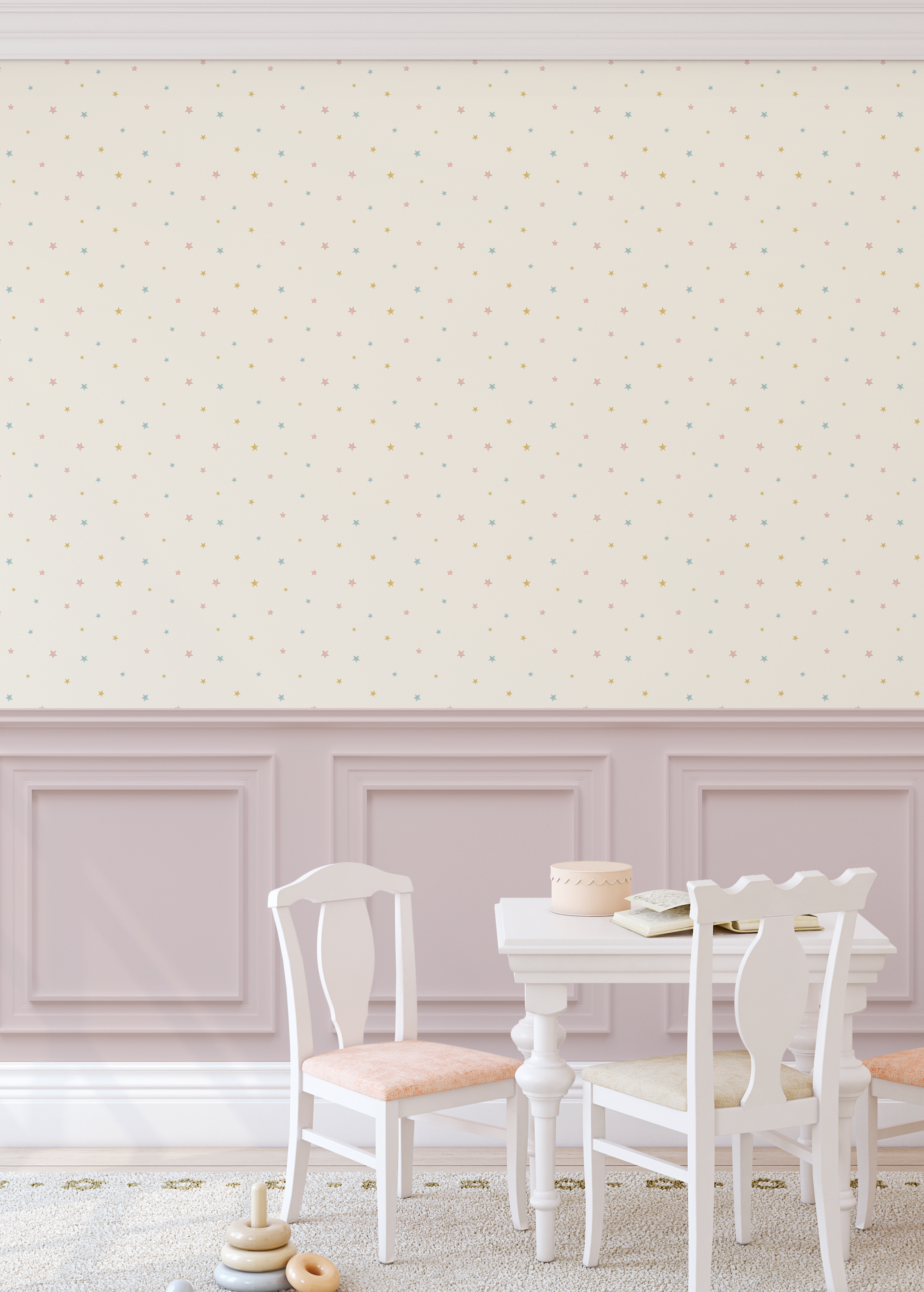 pastel star wallpaper with wainscoting in children’s playroom