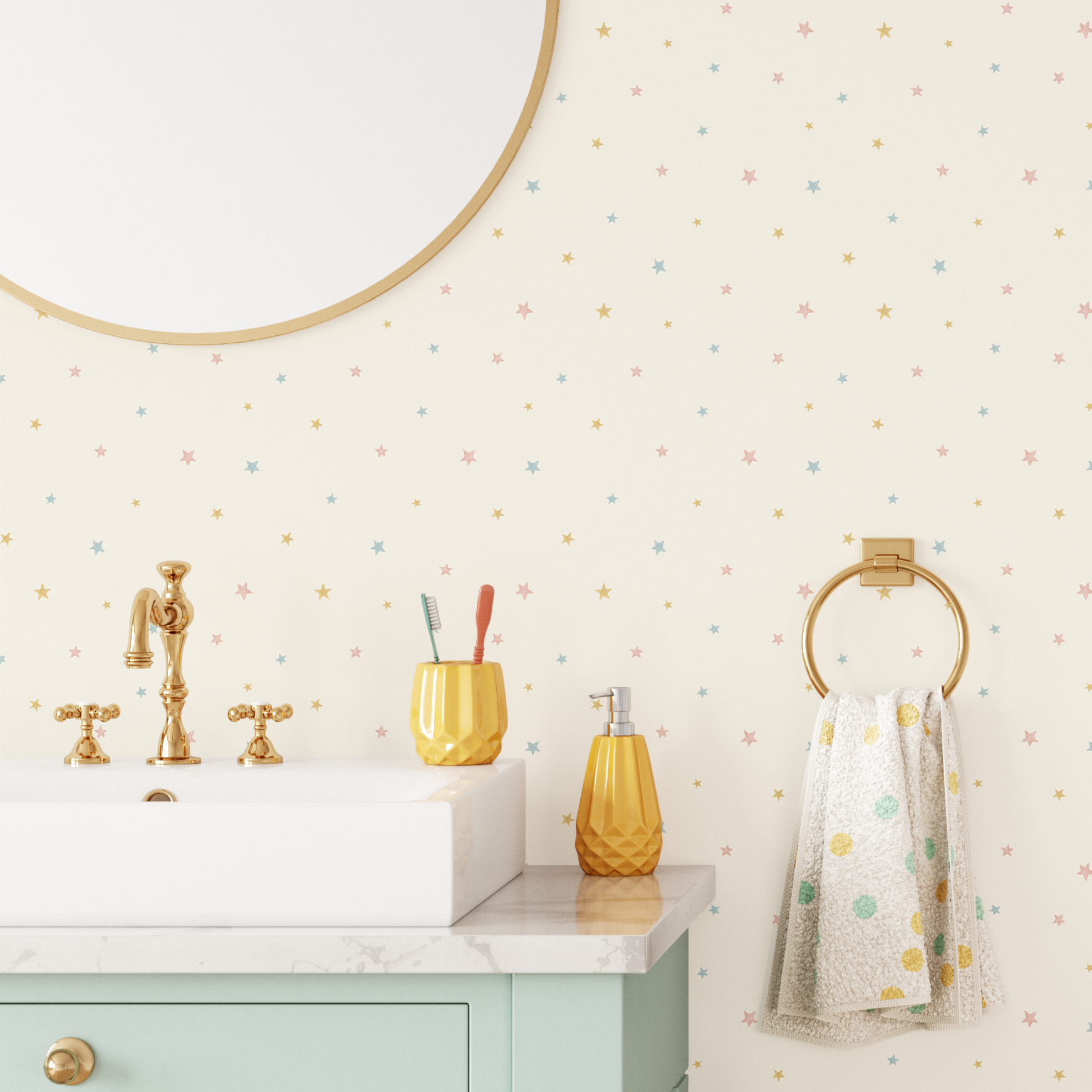 pastel star wallpaper bathroom with blush blue and gold scattered stars on neutral wall