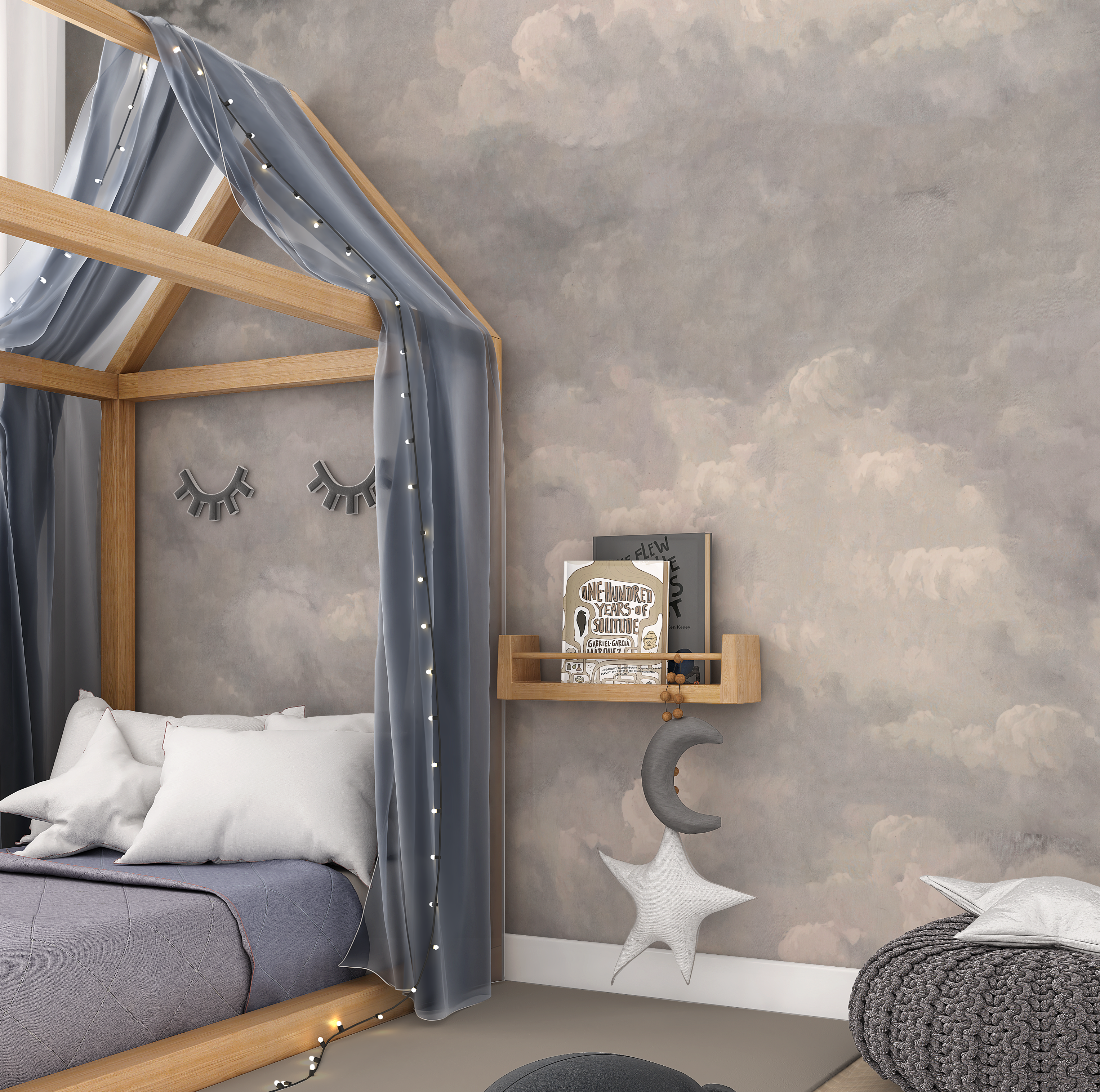 Silvery grey cloud wall mural styled in a children's bedroom with a wood canopy bed and soft textiles