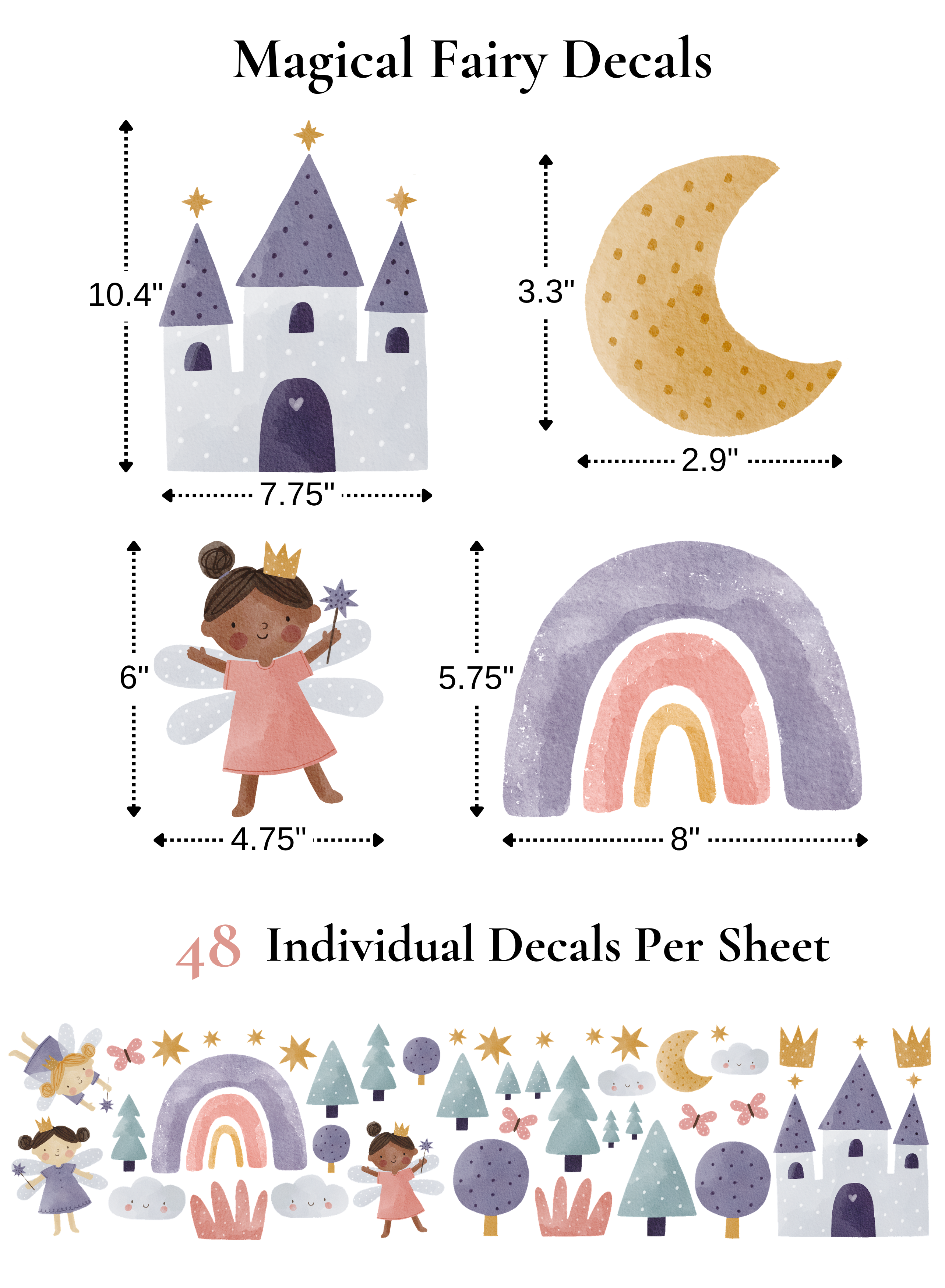 Magical fairy decals with dimensions and a sample sheet of decals on a white background