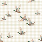 Pattern swatch of mallard ducks flying over a neutral gingham background