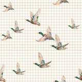 Pattern swatch of mallard ducks flying over a neutral gingham background