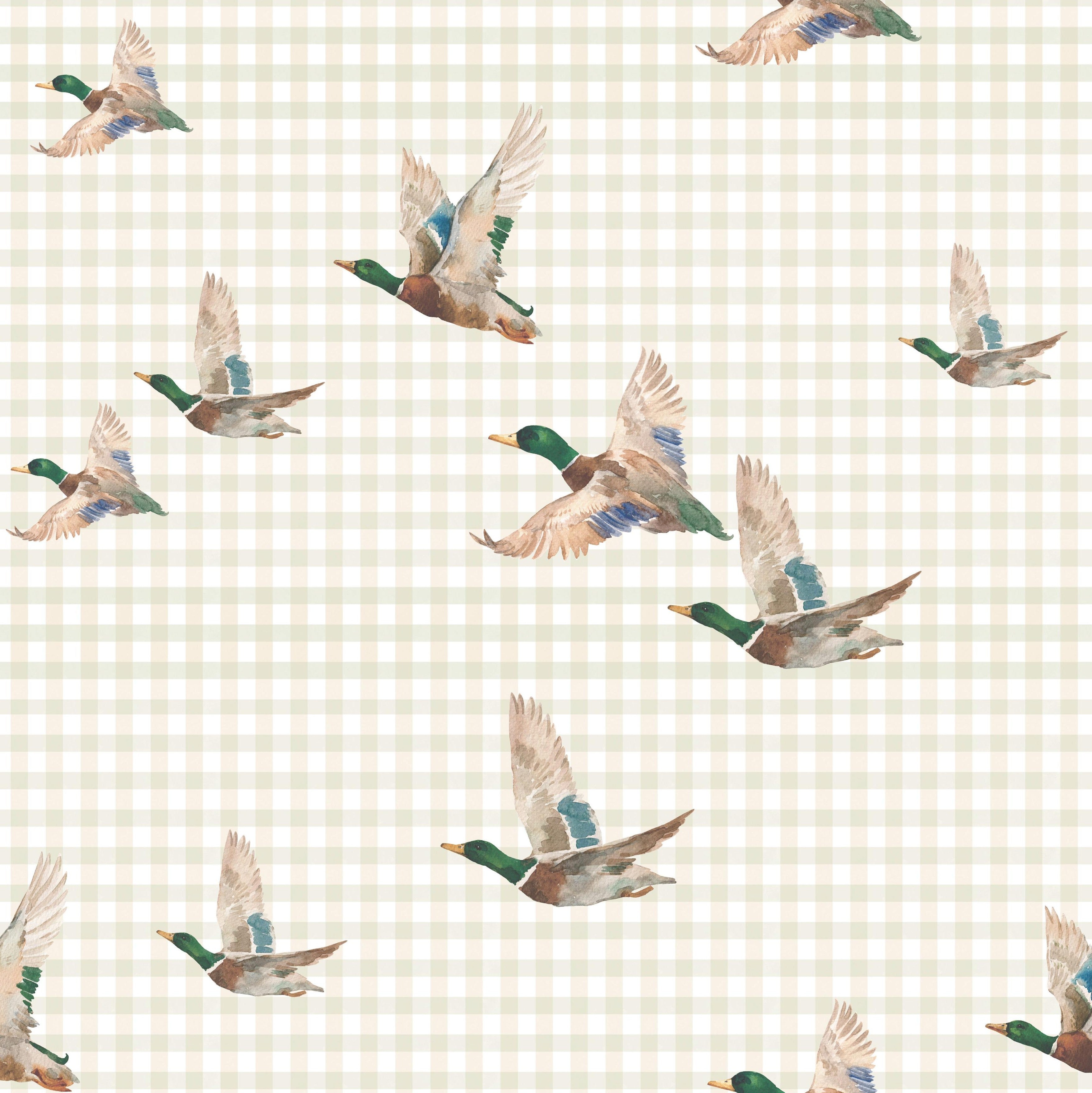 Pattern swatch of mallard ducks flying over a neutral gingham background