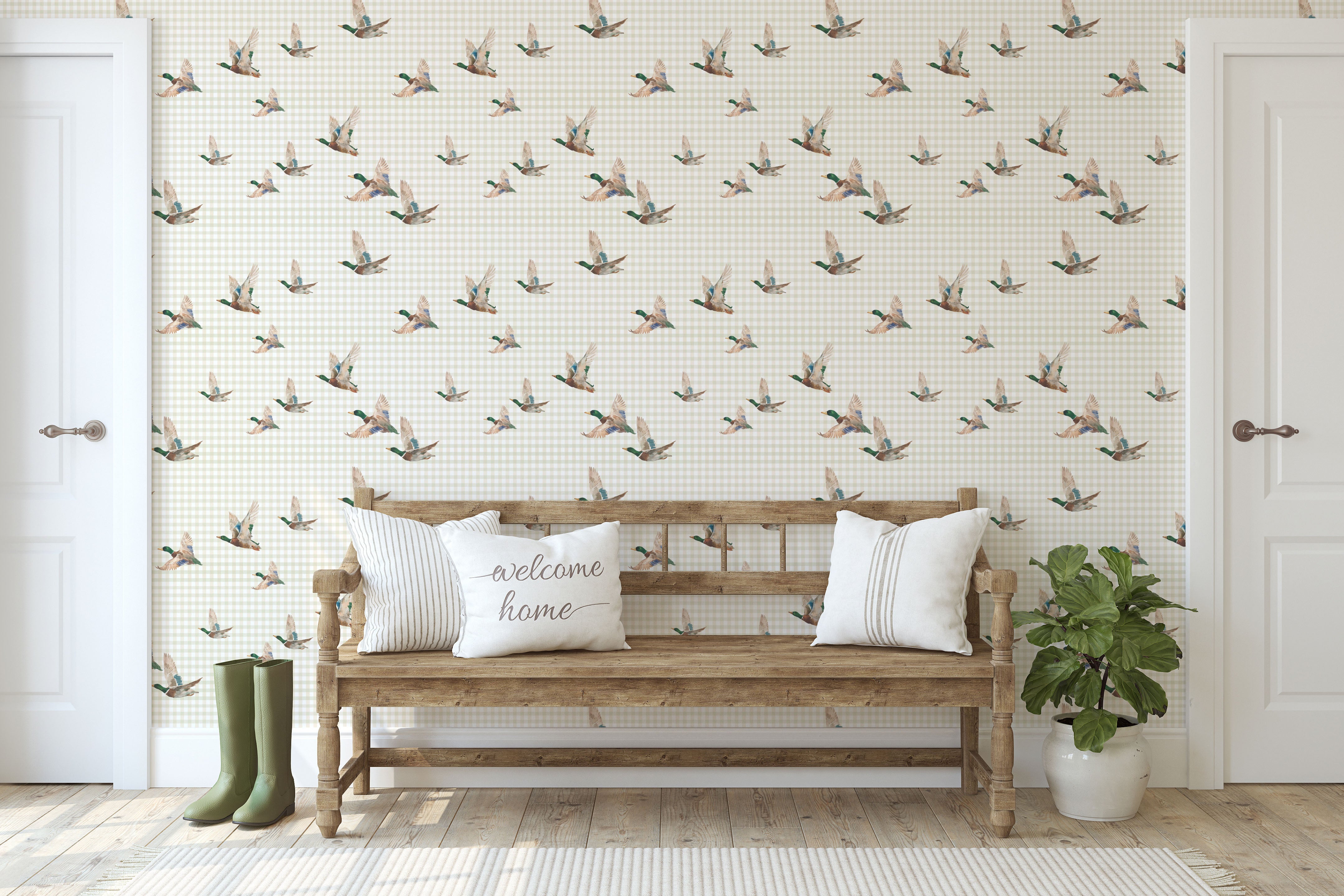 Wide room view with mallard duck wallpaper and rustic bench between two doors
