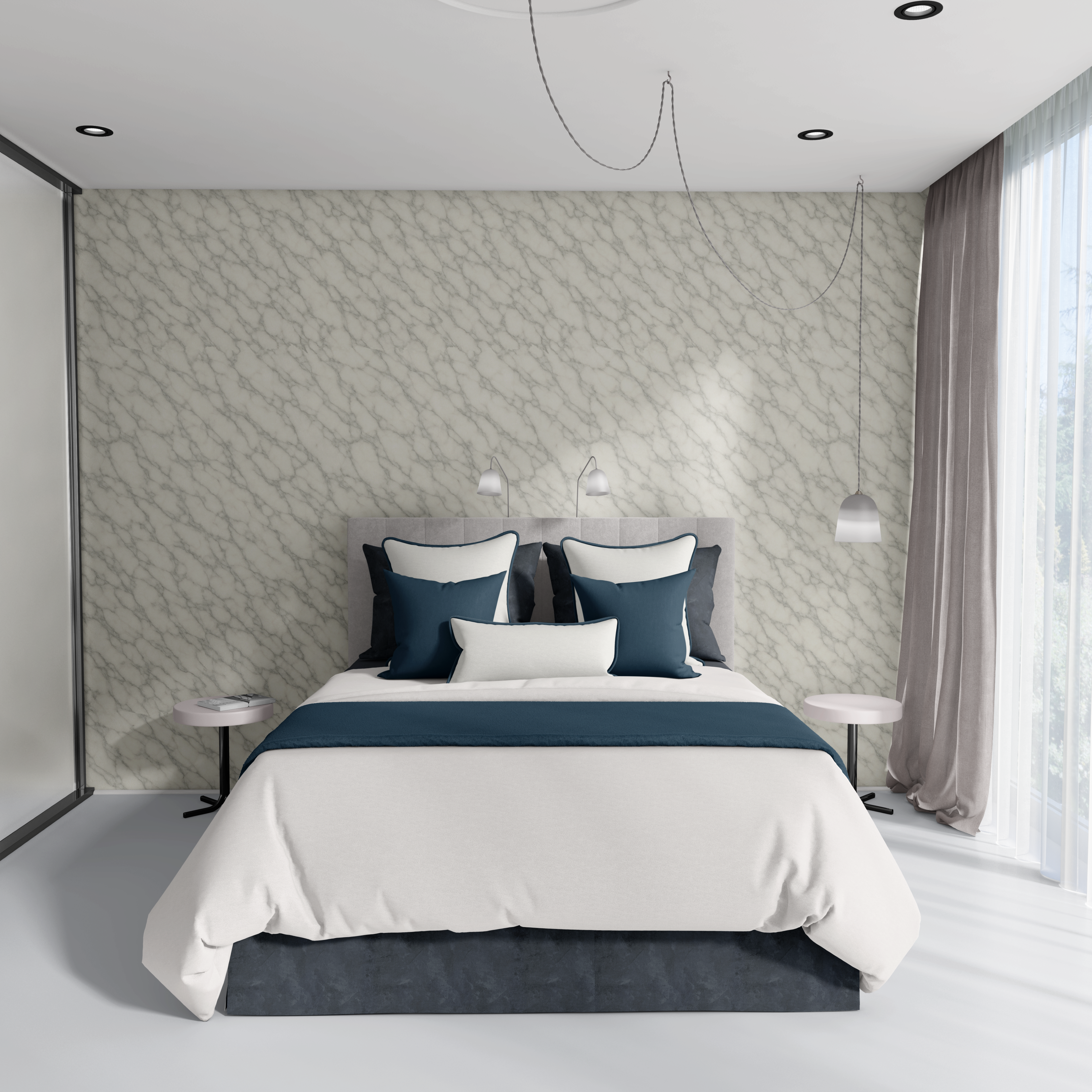 Wallpaper in Modern Bedroom – modern bedroom with realistic marble wallpaper, deep blue bedding, natural light