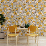 Yellow floral wallpaper styled in a bright dining space with warm wood furniture