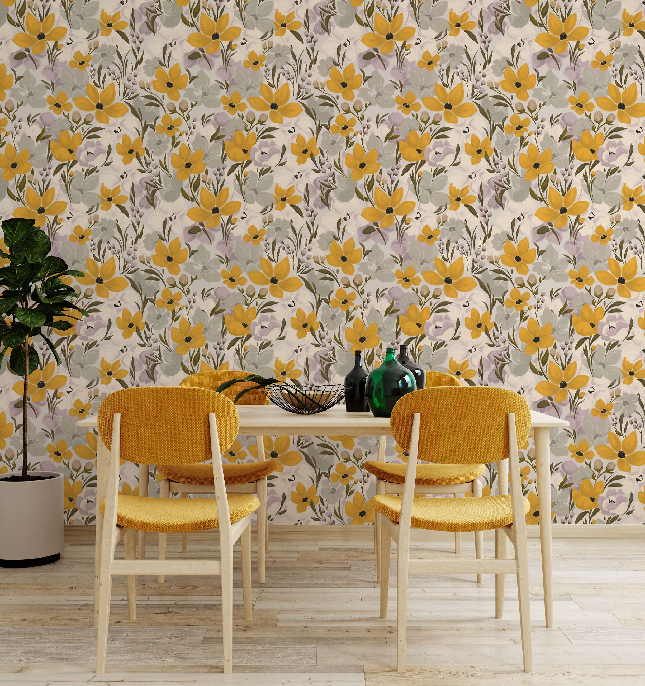 Yellow floral wallpaper styled in a bright dining space with warm wood furniture