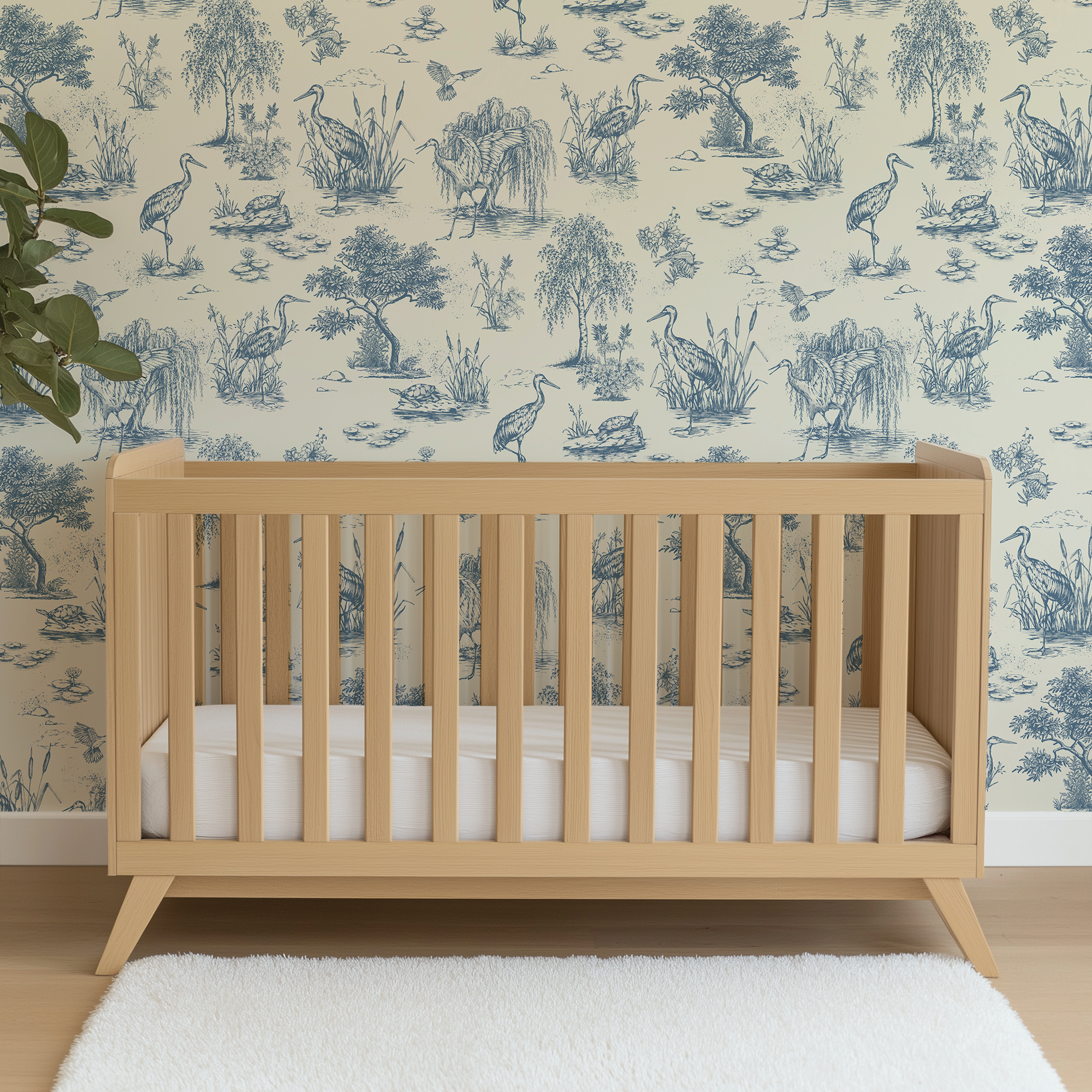 Blue Marsh Heron Toile wallpaper behind a natural wood crib in a coastal nursery with vintage bird and marsh landscape pattern.