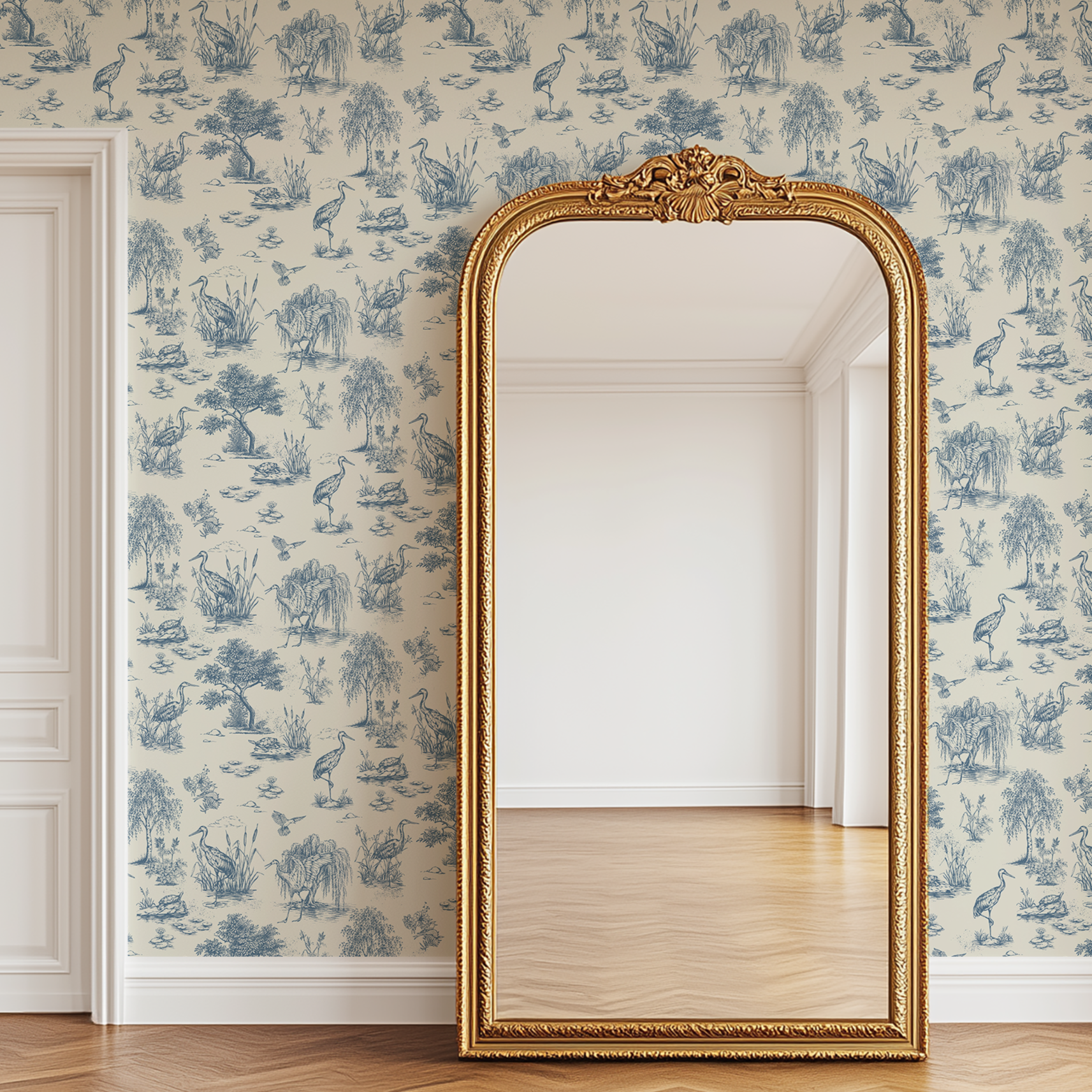 Blue Marsh Heron Toile wallpaper with ornate gold floor mirror showcasing vintage herons, turtles and wetland botanical illustrations.