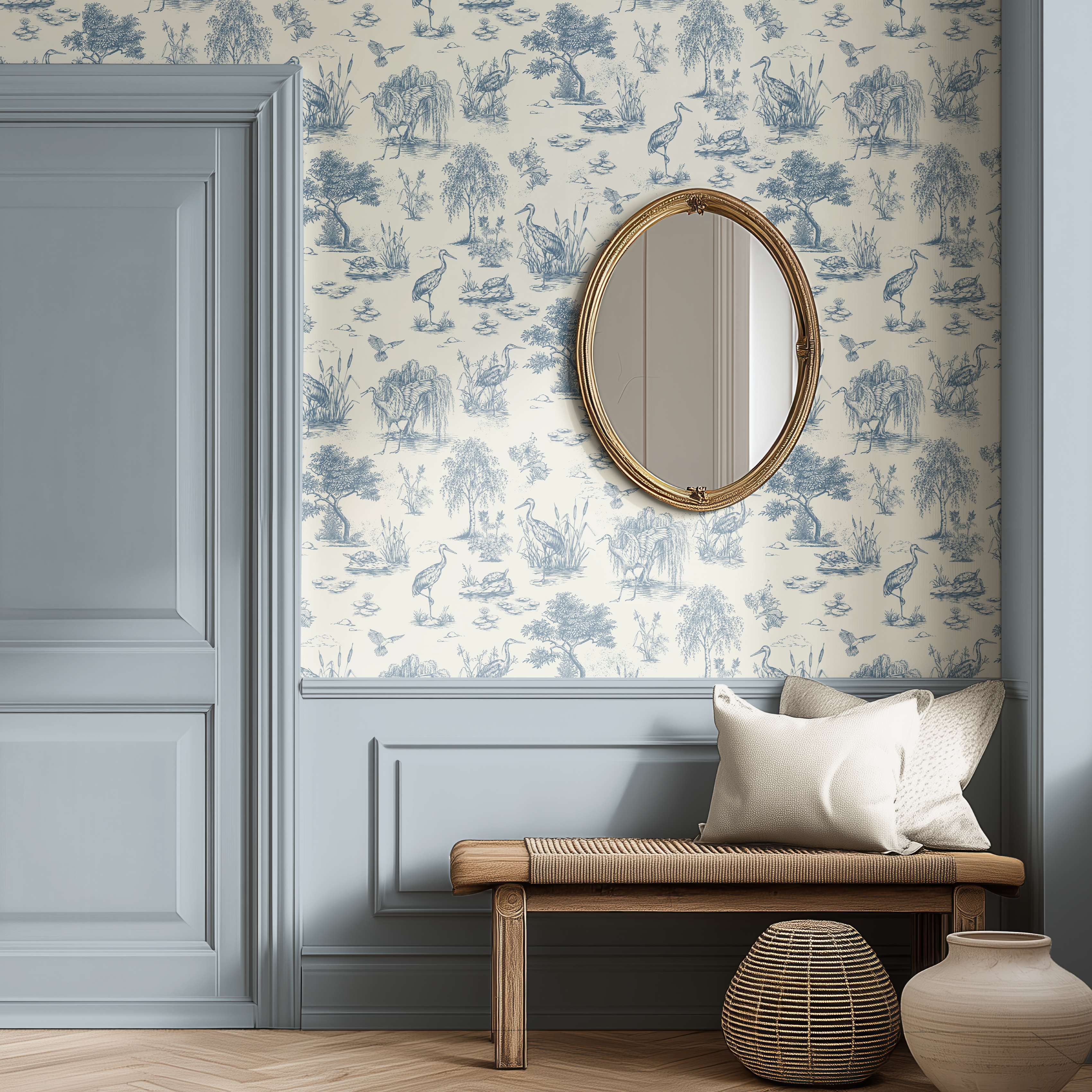 Vintage blue Marsh Heron Toile wallpaper with blue wainscoting, gold mirror and wooden bench in a classic entryway.