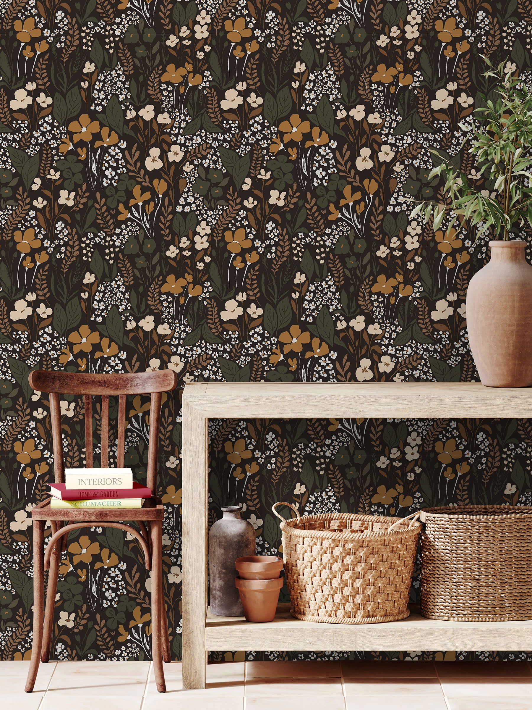 Dark wildflower wallpaper styled in an entryway with natural wood furniture and woven accents